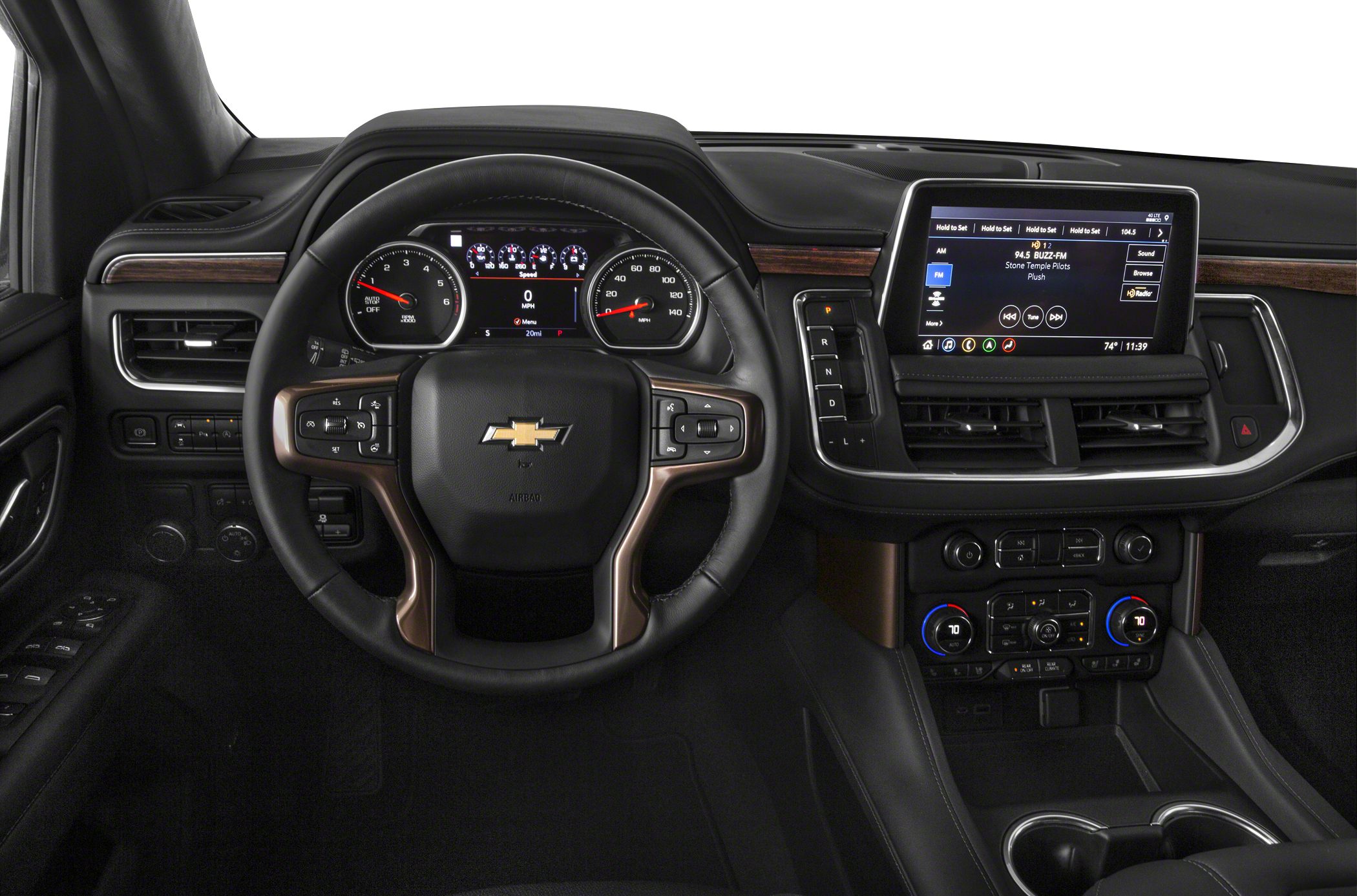 Steering wheel and infotainment screen with digital dashboard and climate controls