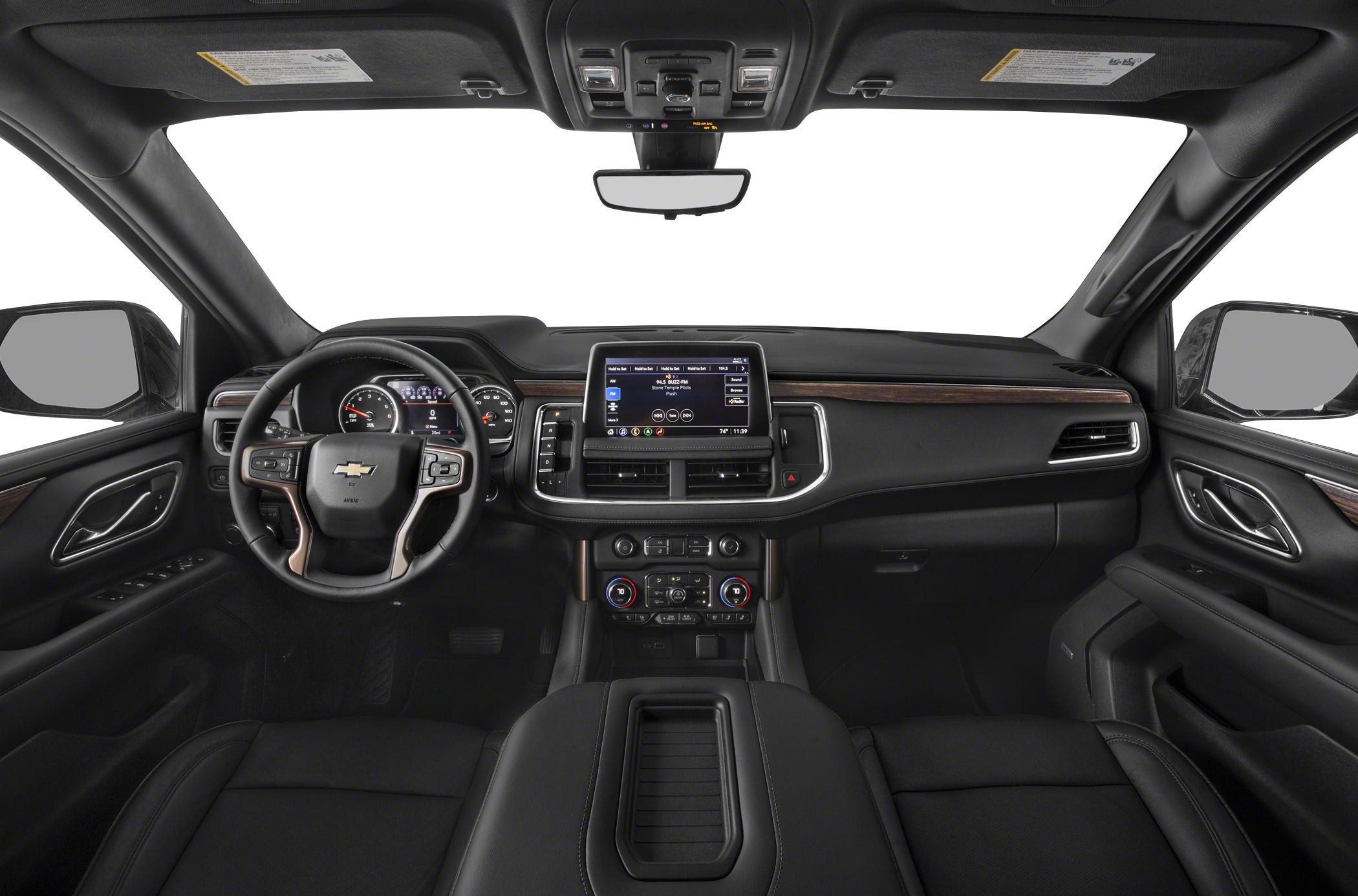 Dashboard and steering wheel with infotainment screen and climate control