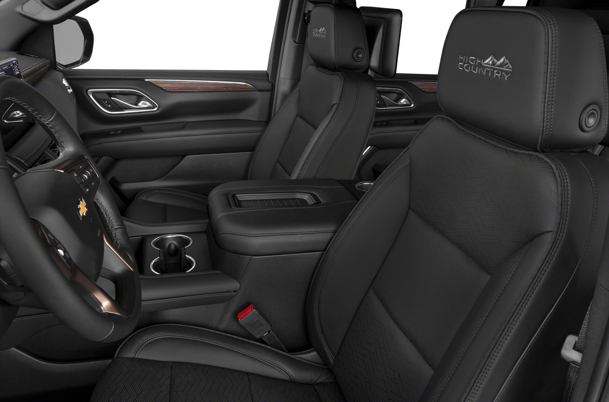 Luxury black leather front seats with High Country embroidery and wood trim accents