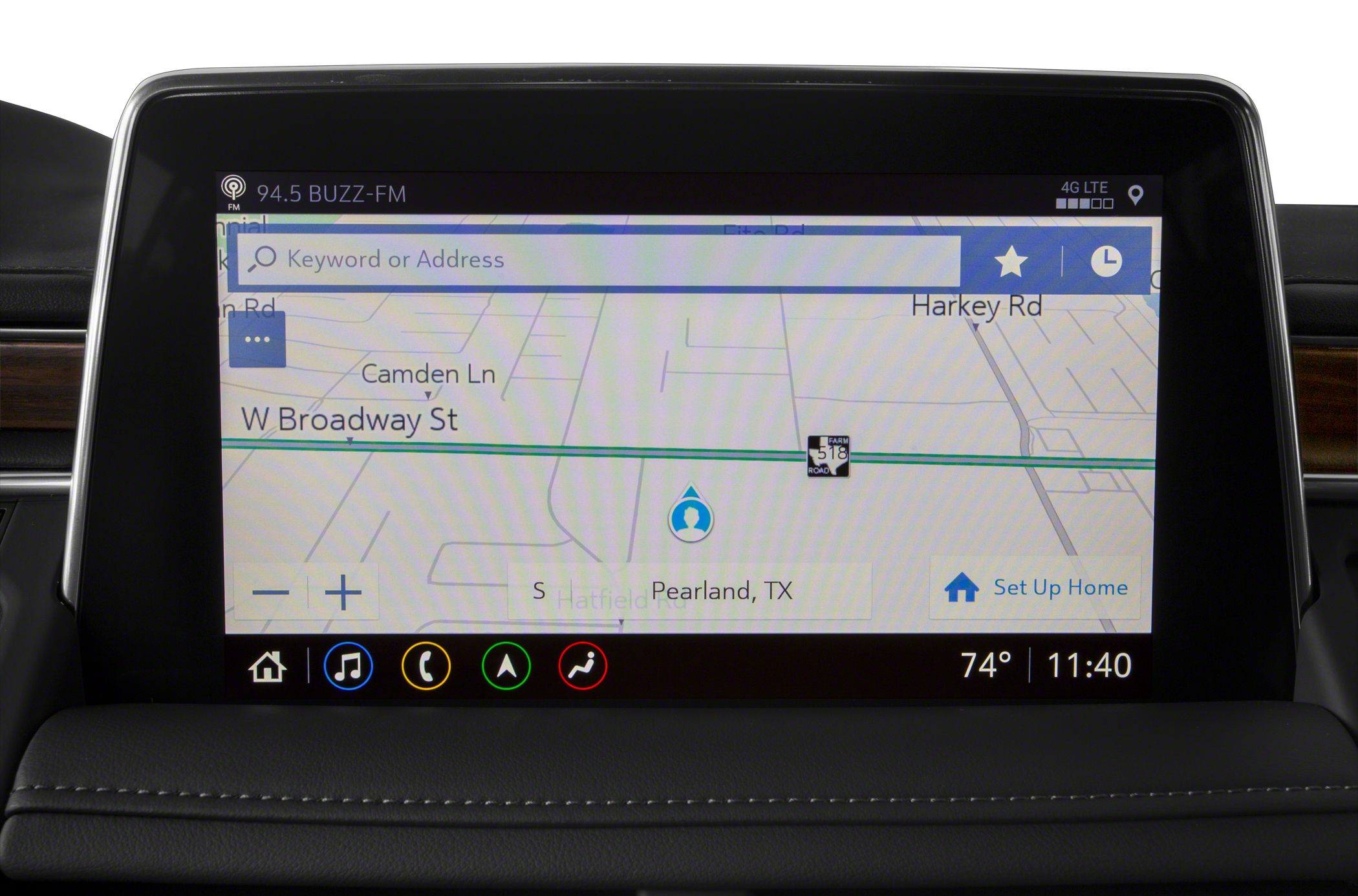 Touchscreen navigation system with map, connectivity, and climate info.