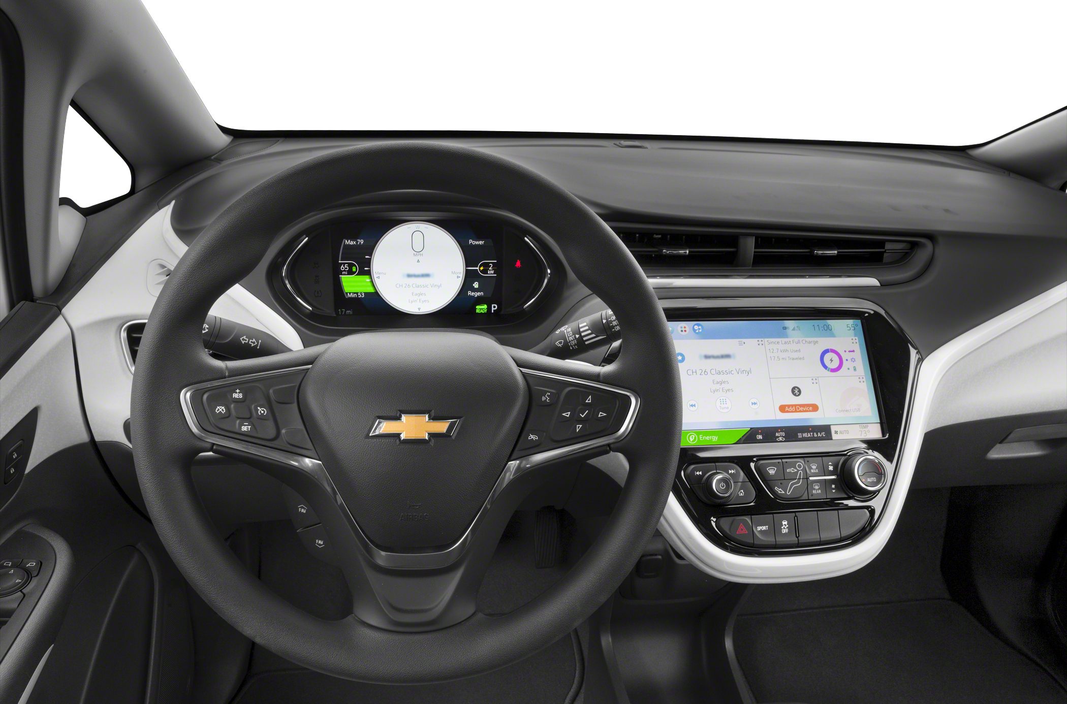 Digital instrument cluster and multifunction steering wheel with touchscreen dashboard.