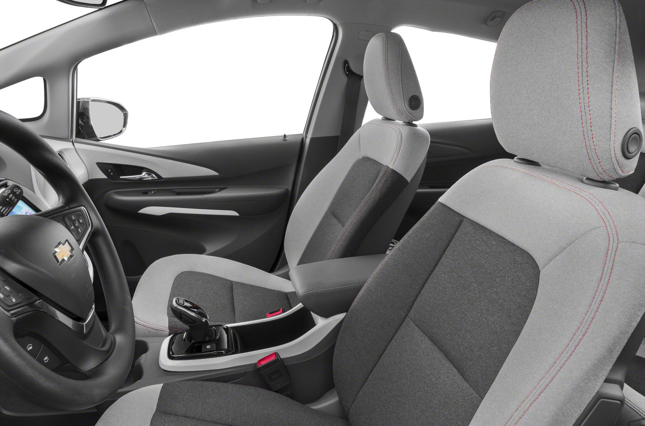 Front seats with gray upholstery and center console with gear selector