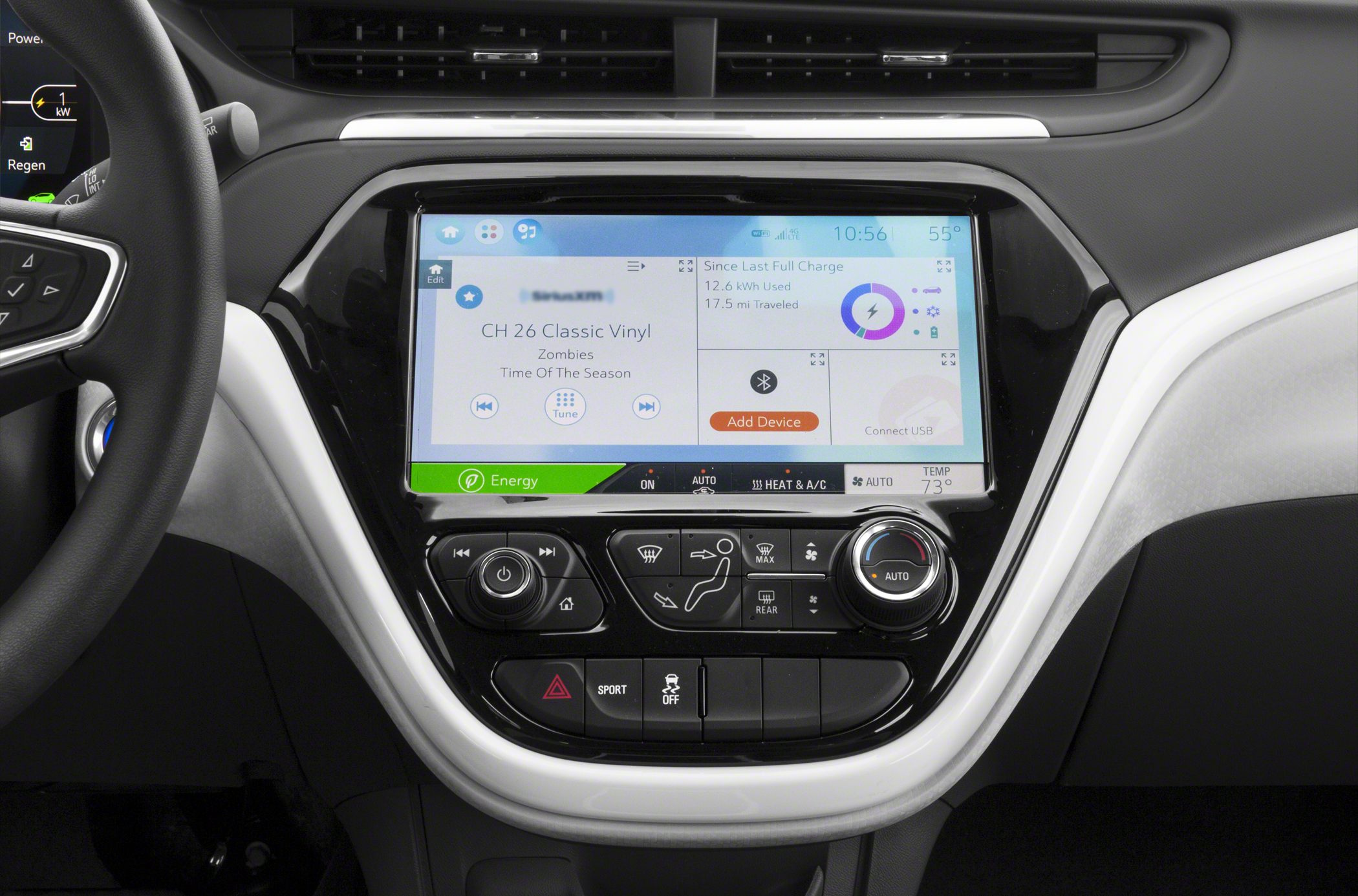 Touchscreen infotainment and climate control panel with physical buttons.