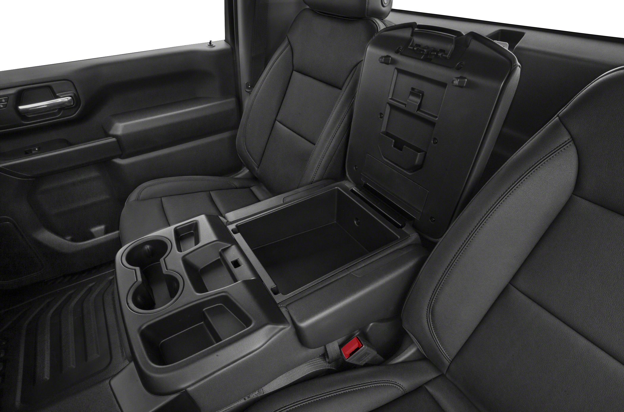 Open center console with storage compartment and dual cup holders.