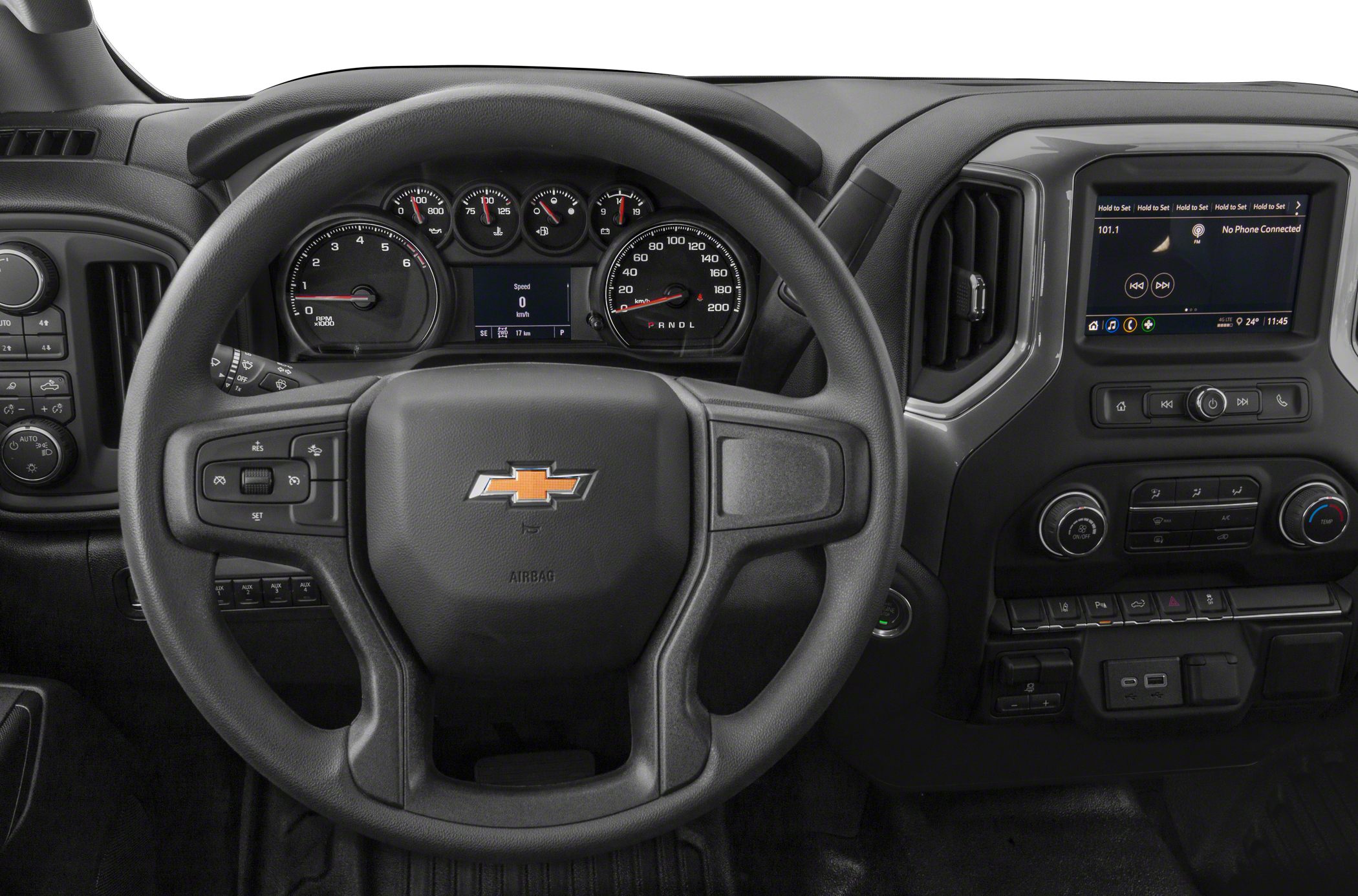 Steering wheel and dashboard instrument cluster with infotainment screen and controls