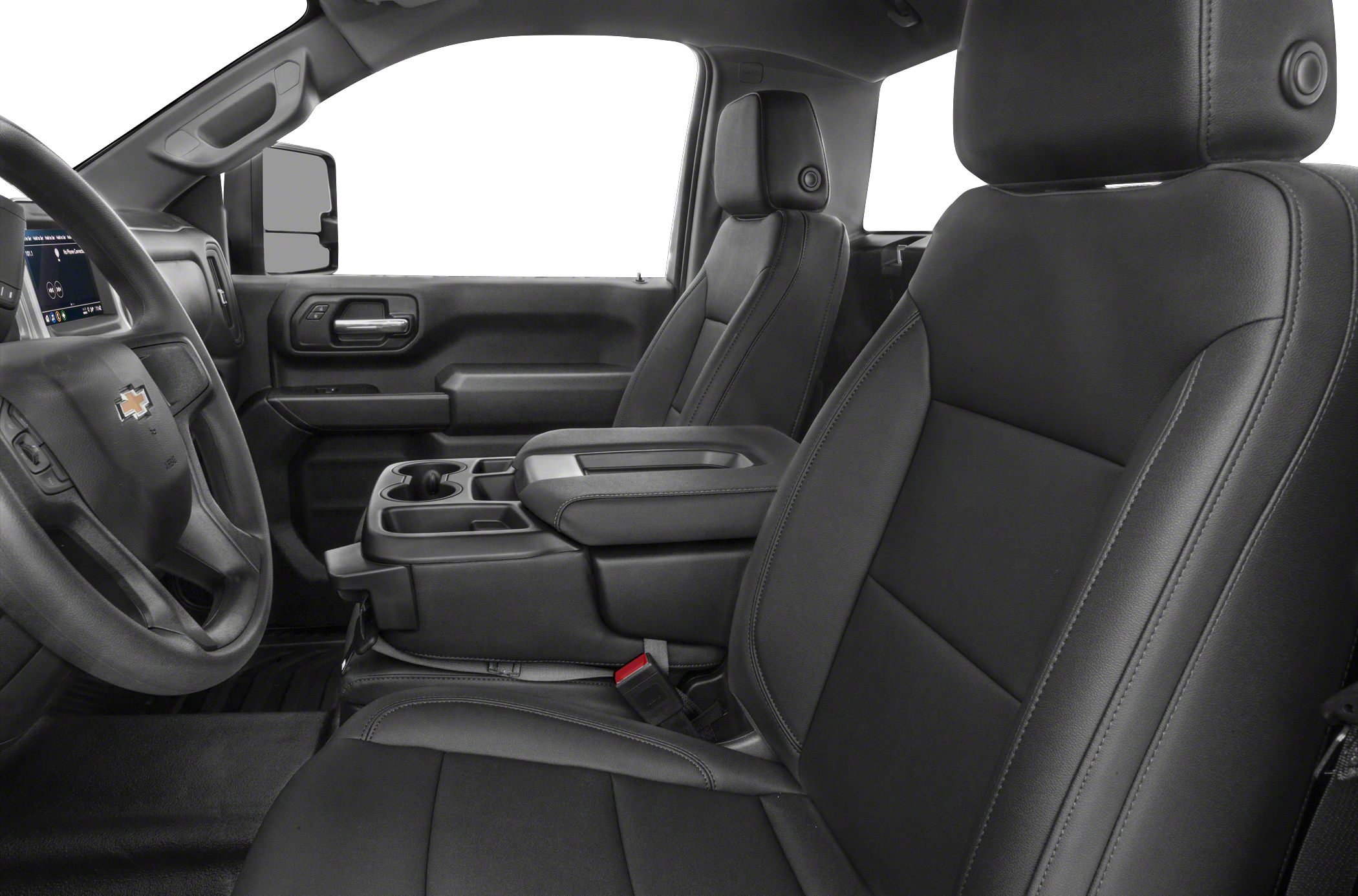 Front seats and center console with black leather upholstery inside vehicle