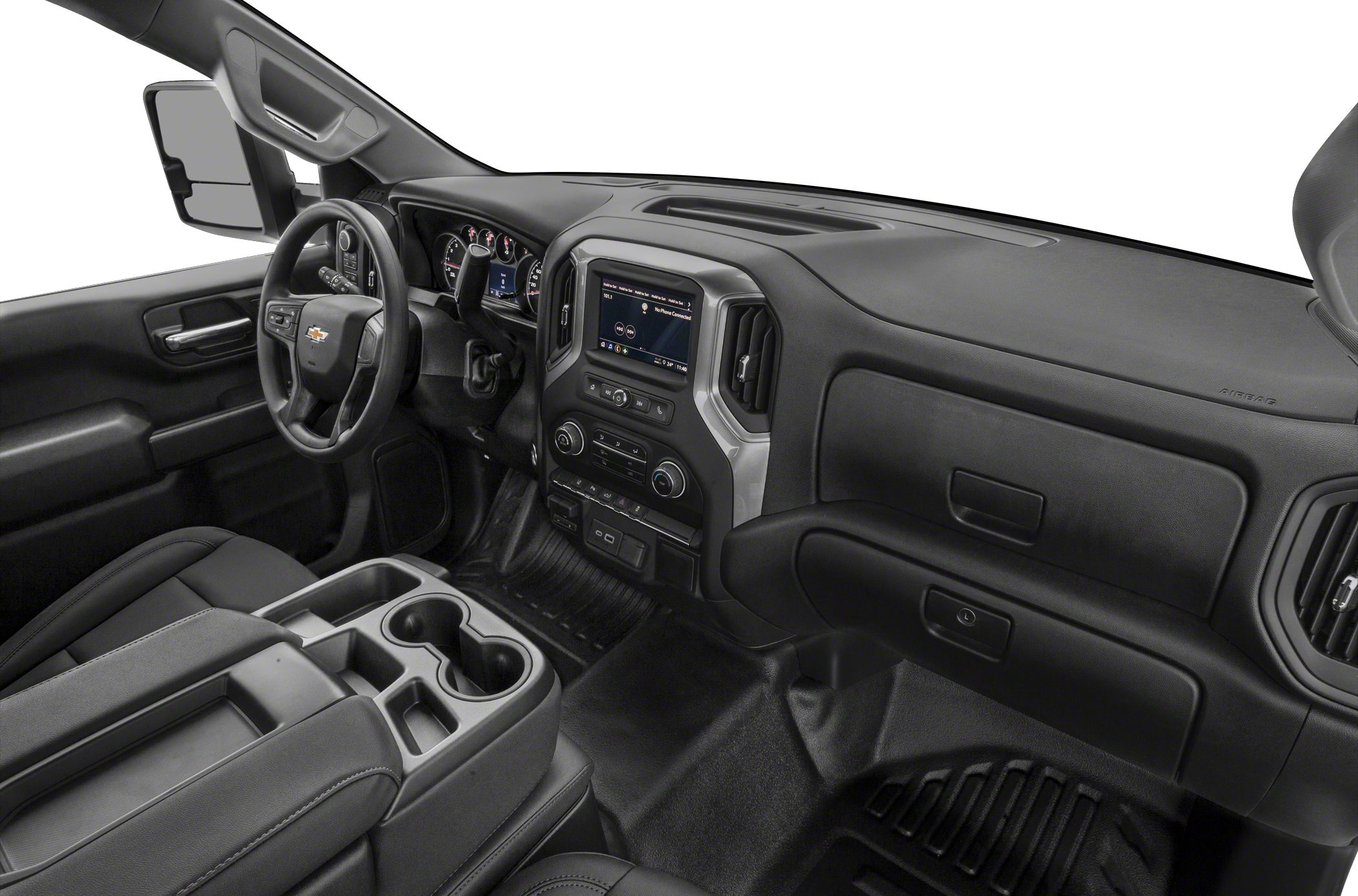 Central touchscreen, instrument cluster, and spacious black dashboard interior