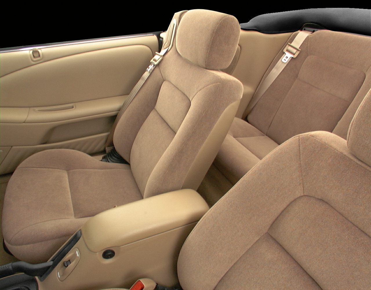 Tan cloth upholstery seats with seat belts and armrest
