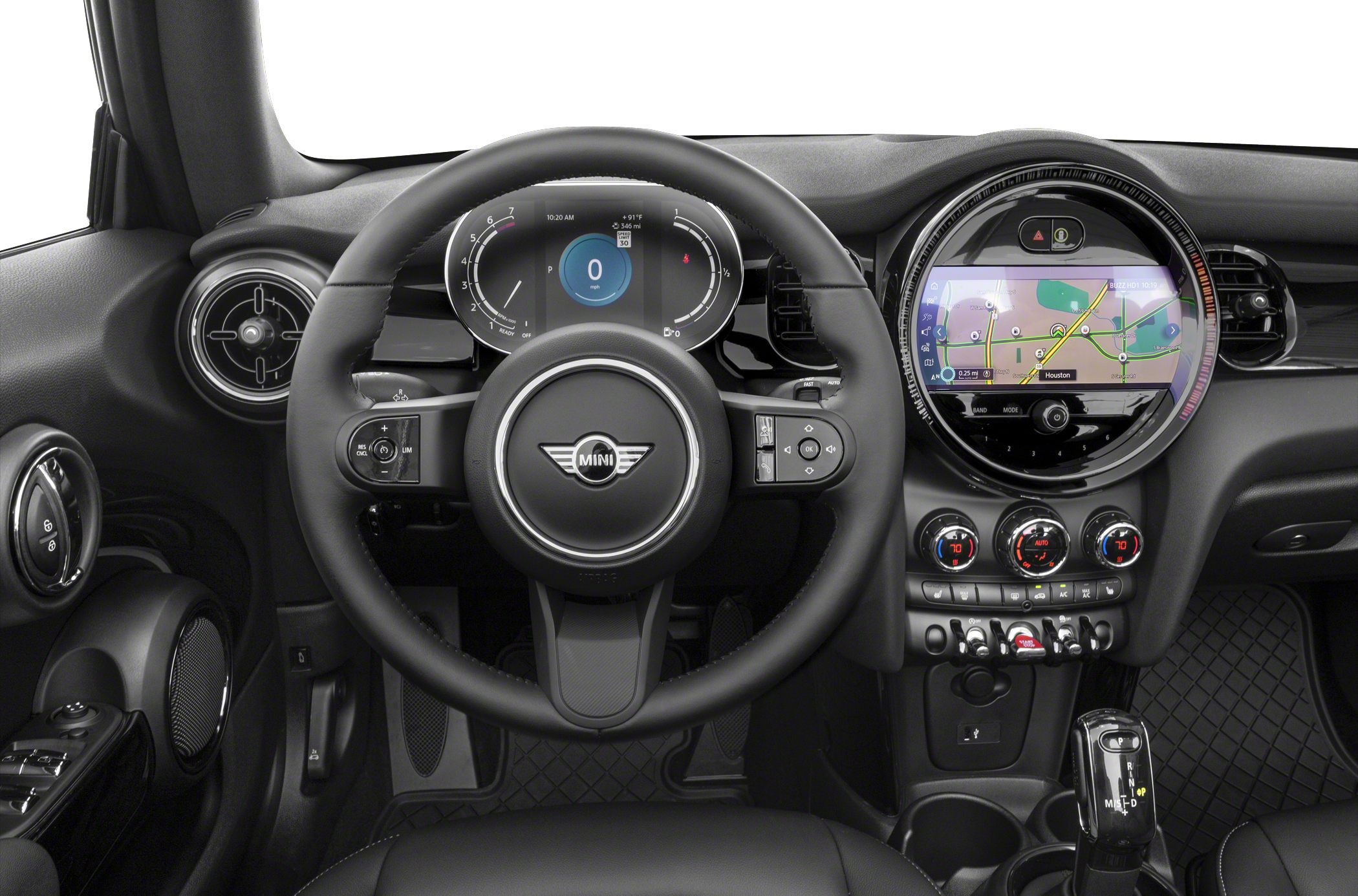 Digital dashboard and round center navigation screen in car interior