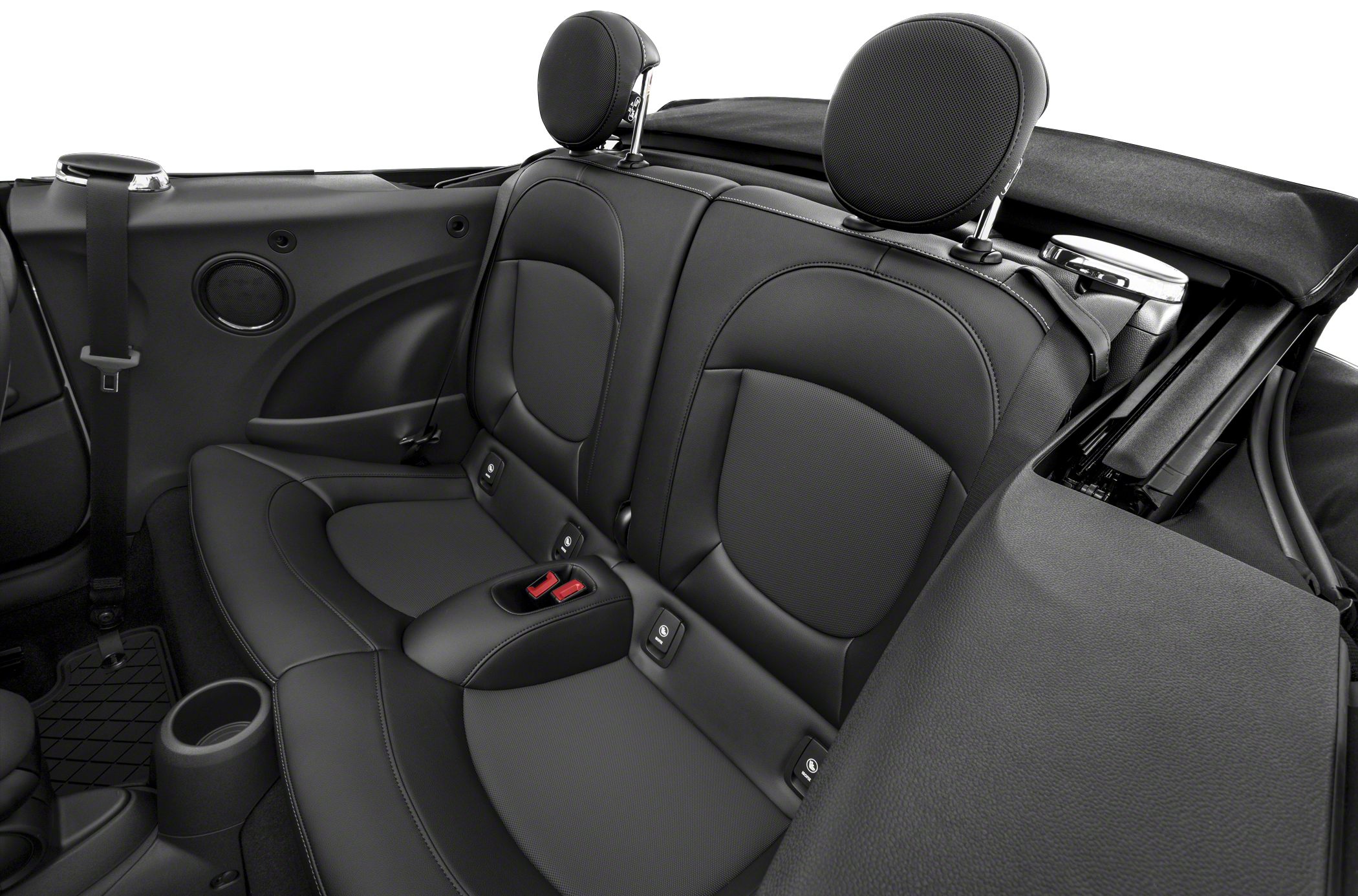 Black leather rear seats with integrated headrests and seatbelt setup