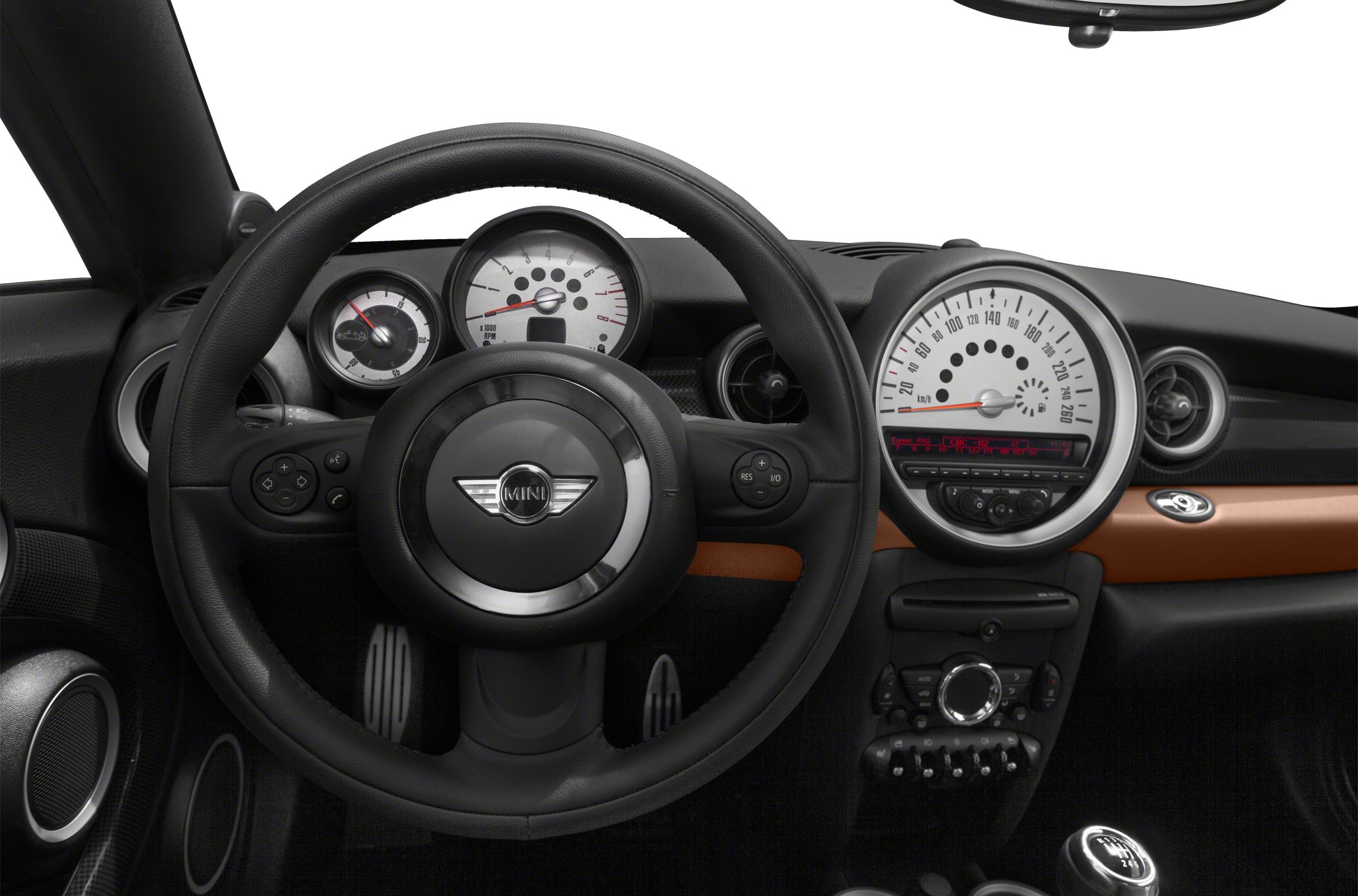 Steering wheel, dashboard with speedometer and tachometer