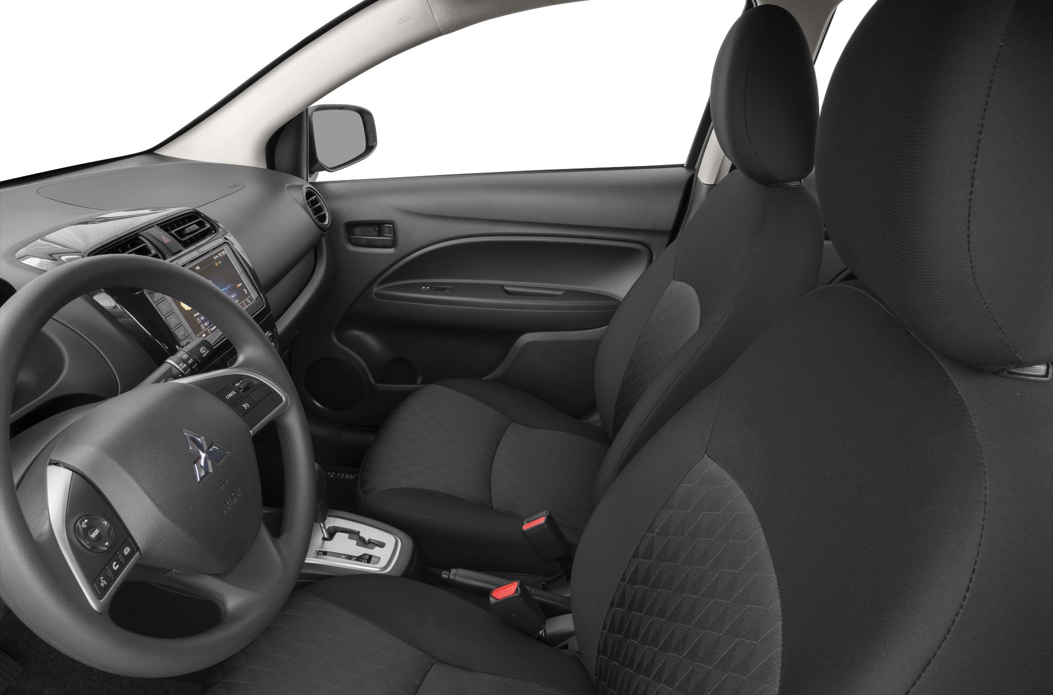 Front interior with dashboard, steering wheel, and black fabric seats
