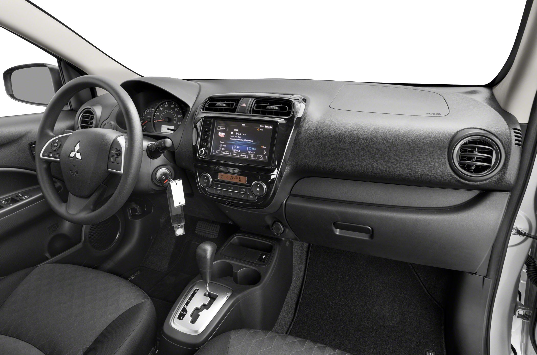 Modern dashboard and steering wheel interior with infotainment and automatic gear shift