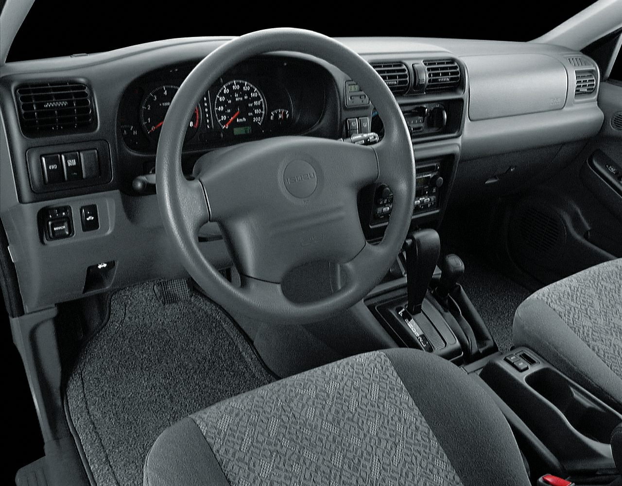 Dashboard and steering wheel with instrument cluster and controls
