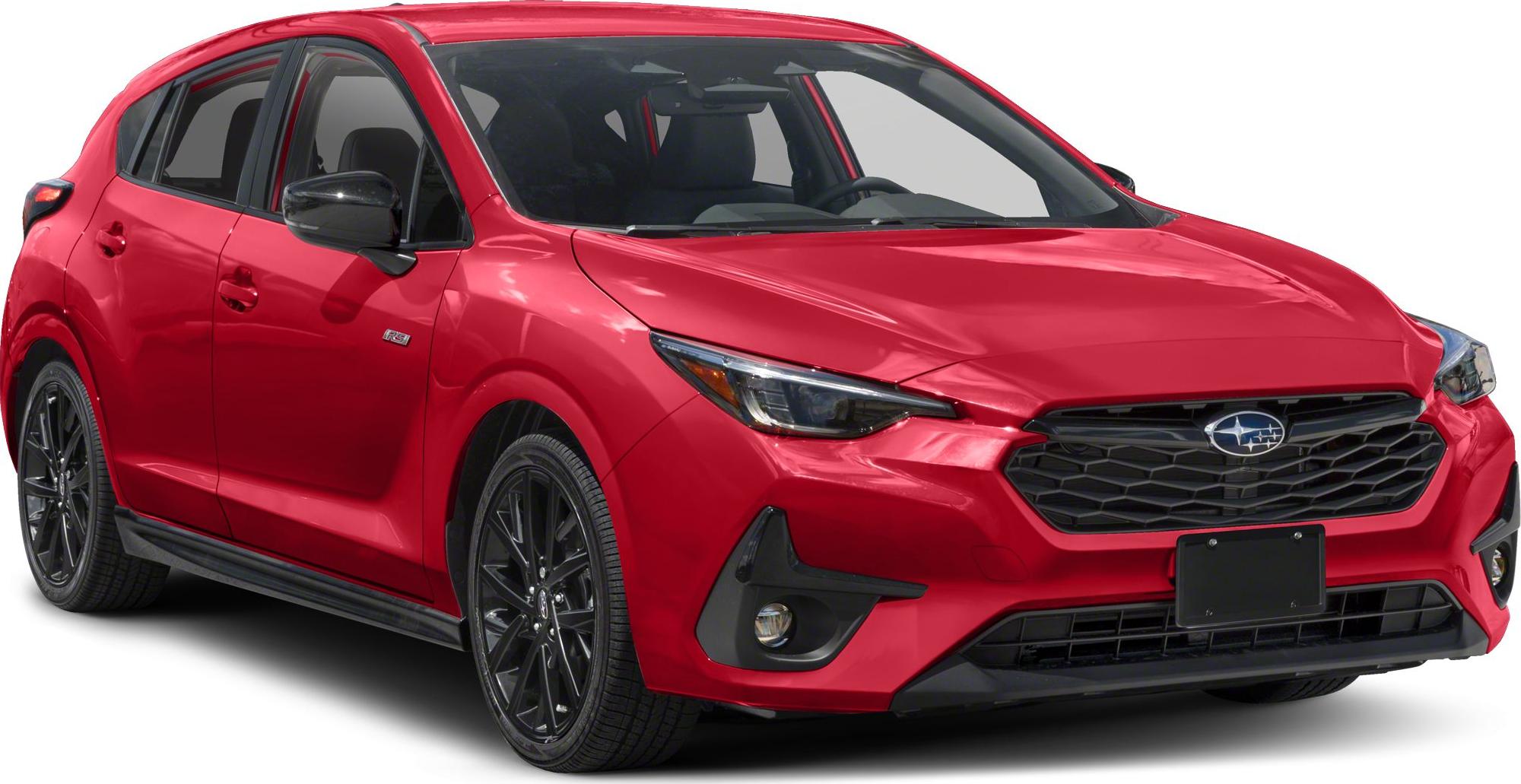 Red hatchback with black alloy wheels and LED headlights