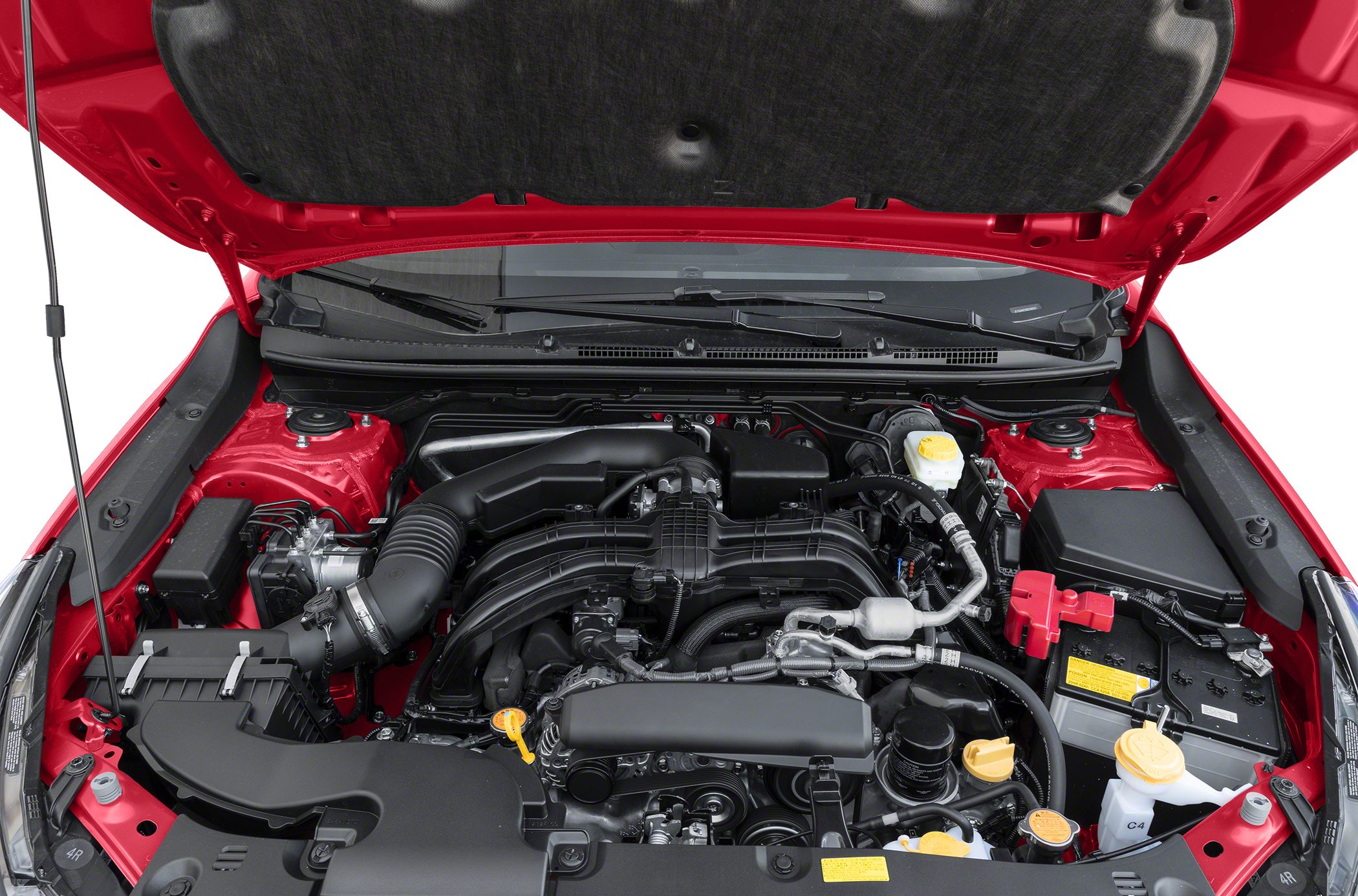 Modern hatchback engine bay with detailed component layout