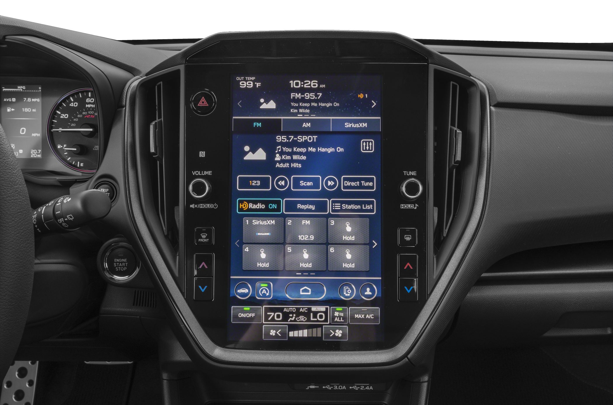 Modern infotainment touchscreen and dashboard controls with climate and audio settings