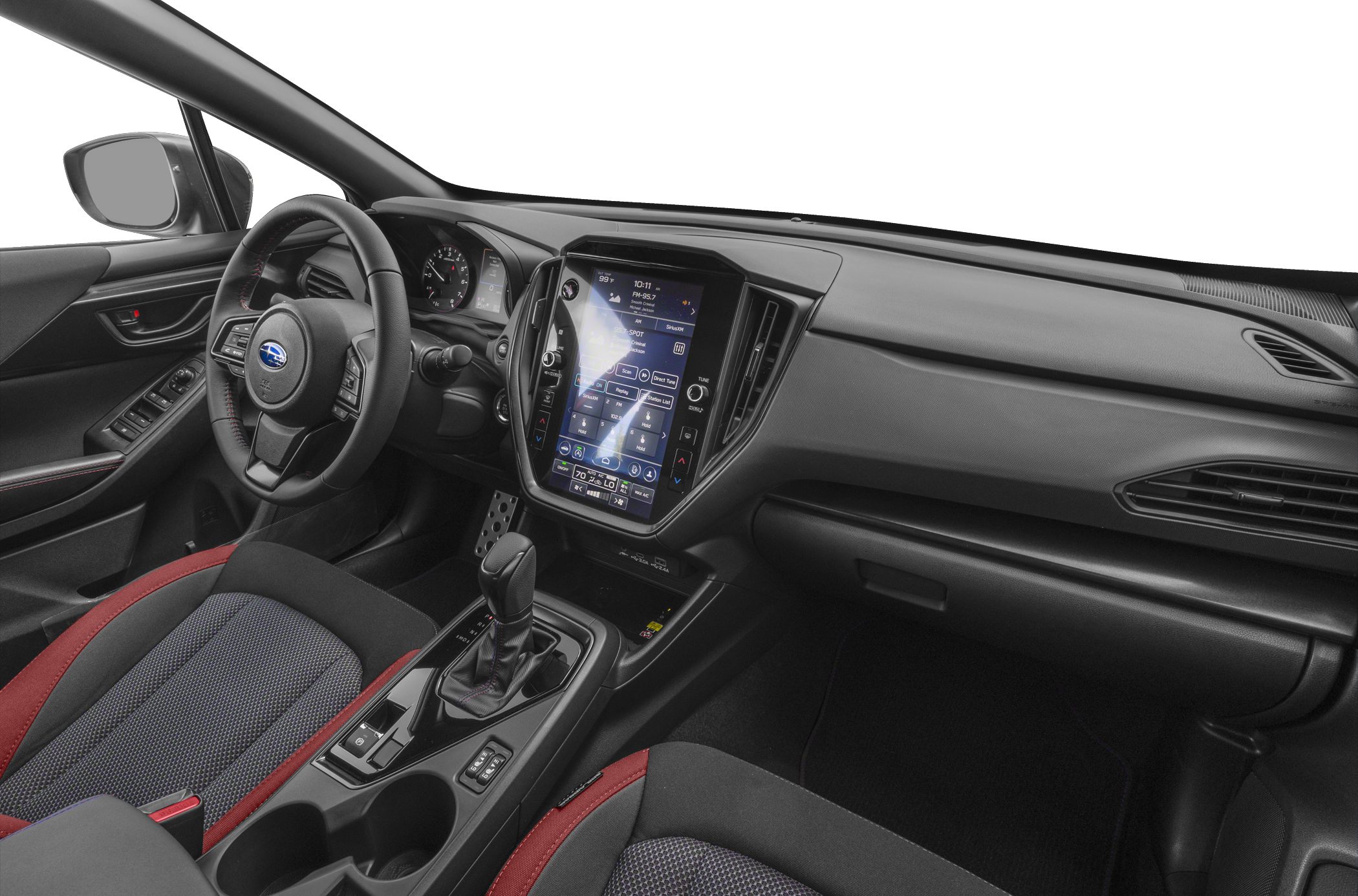 Touchscreen infotainment, sporty two-tone seats with red accents
