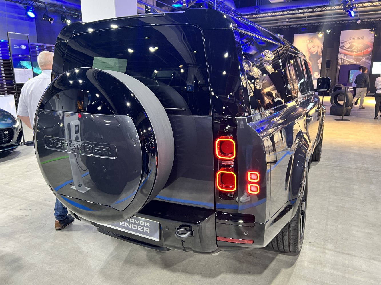 Rear view with spare wheel cover and distinctive square LED taillights