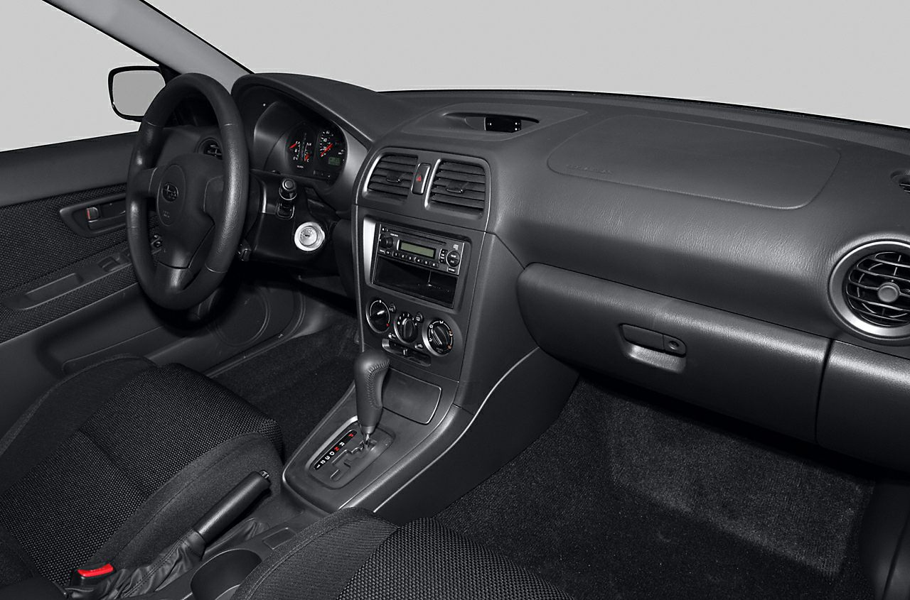 Car interior with dashboard, steering wheel, controls, and automatic transmission