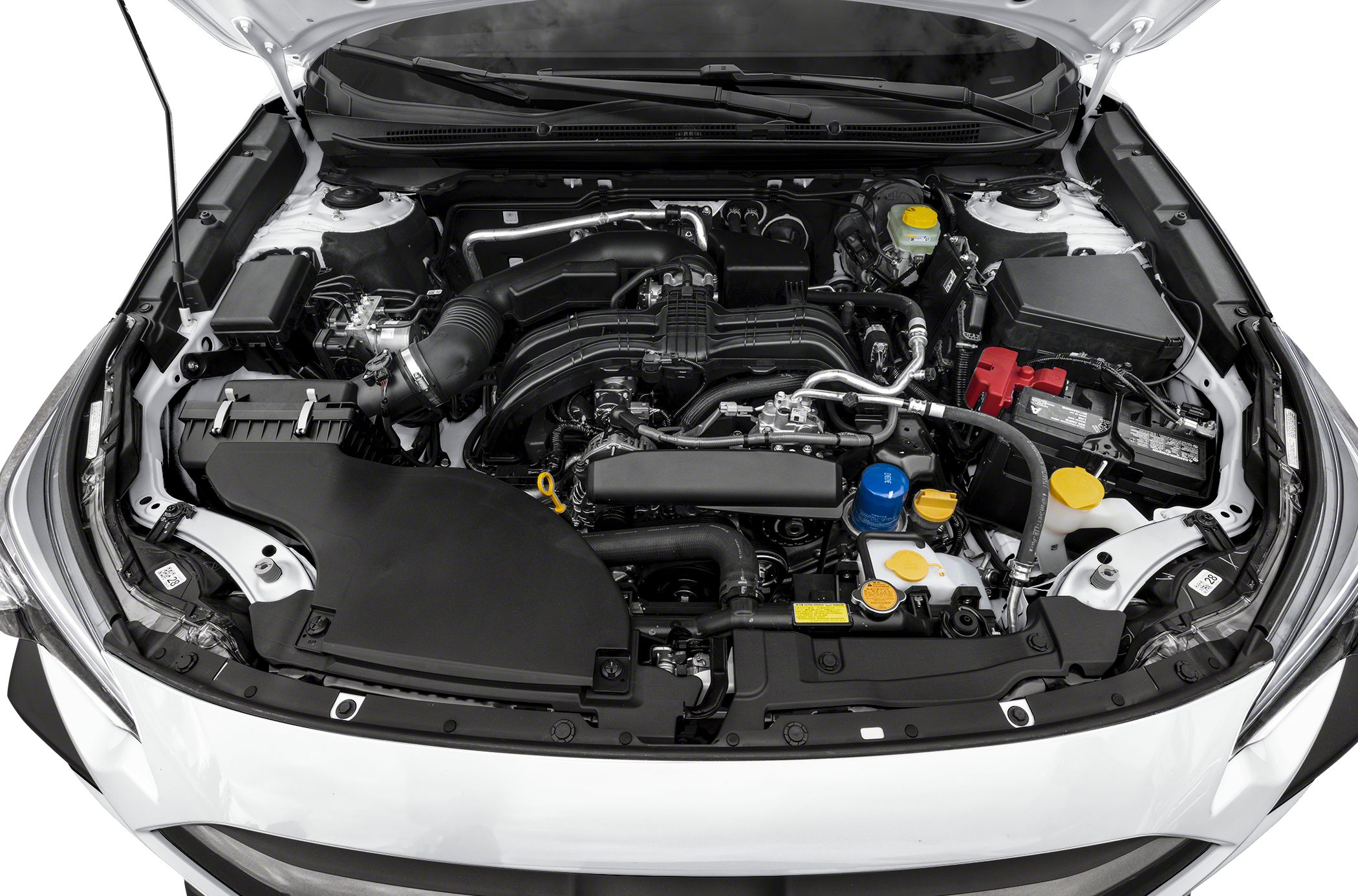 Modern engine bay with engine components and fluid reservoirs
