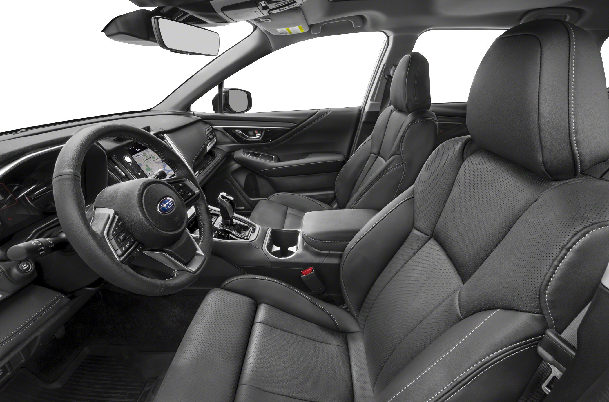 Leather seats and modern dashboard with touchscreen and steering wheel controls
