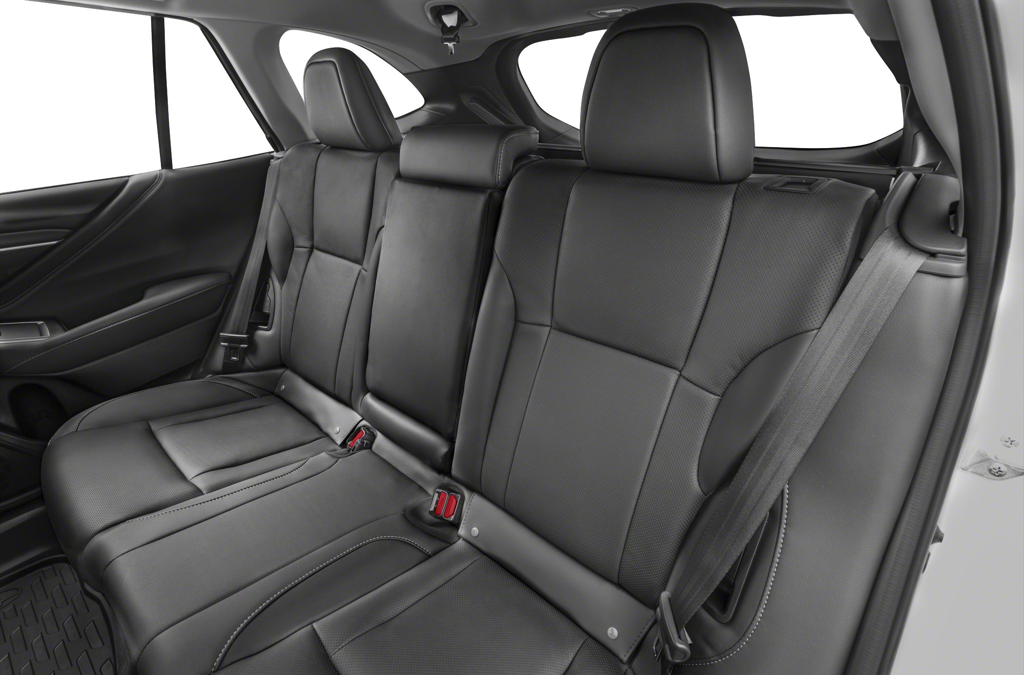 Rear seat interior with black leather upholstery and seatbelt.