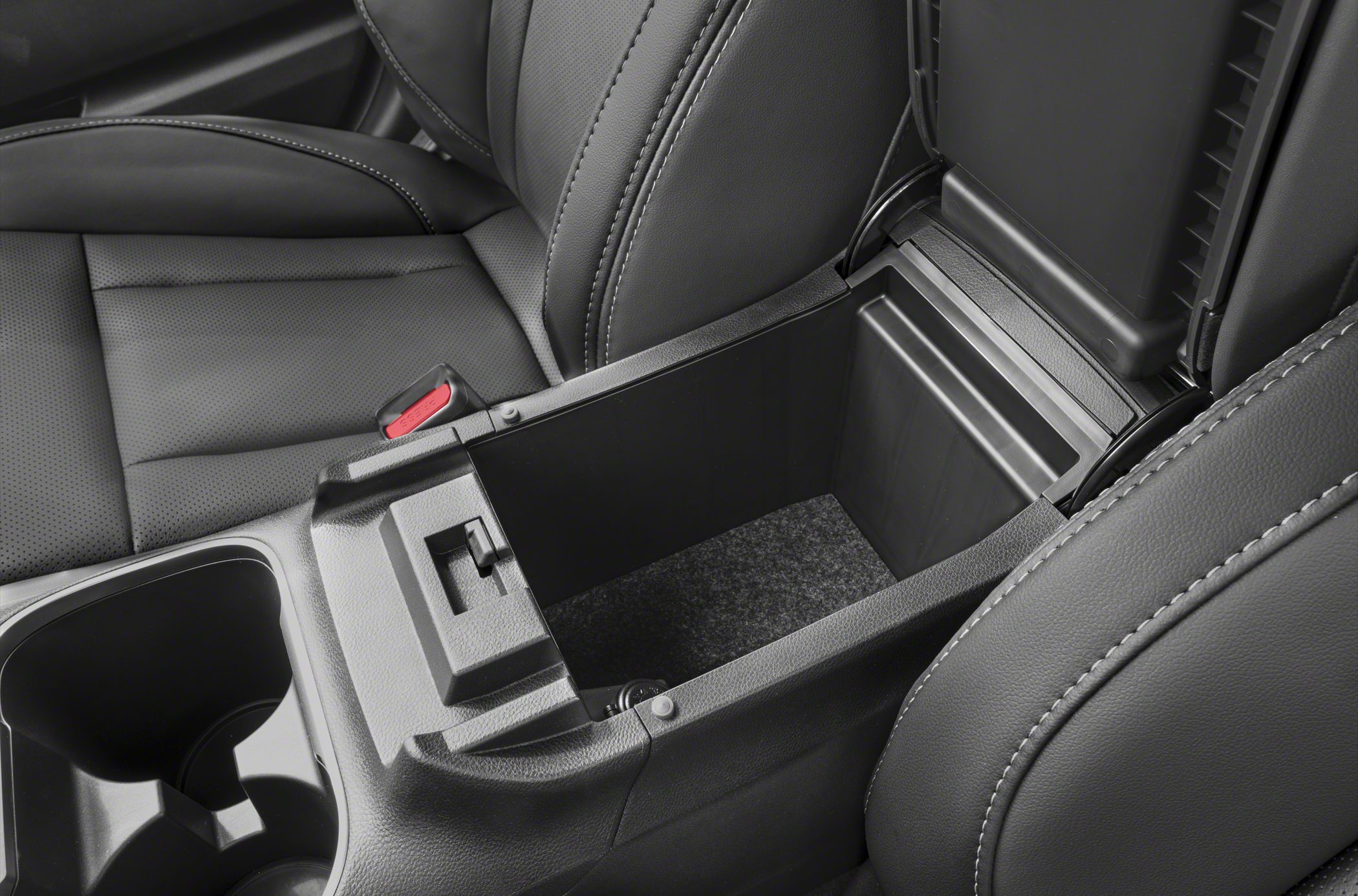 Interior center console storage with leather upholstery and cup holders