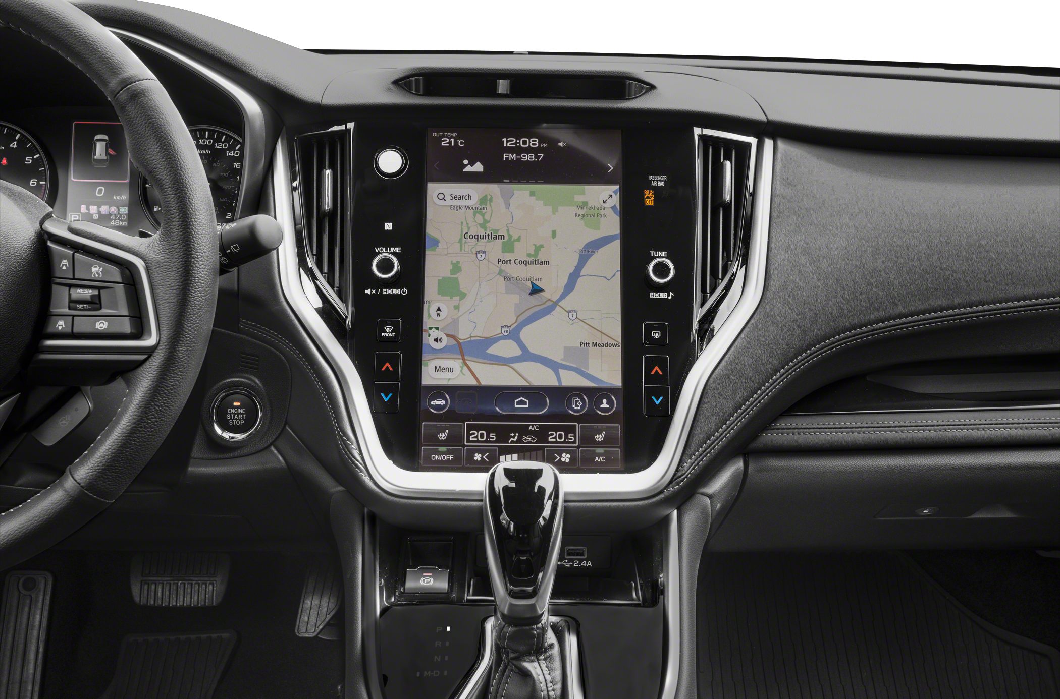 Large touchscreen infotainment with climate controls and gear shifter