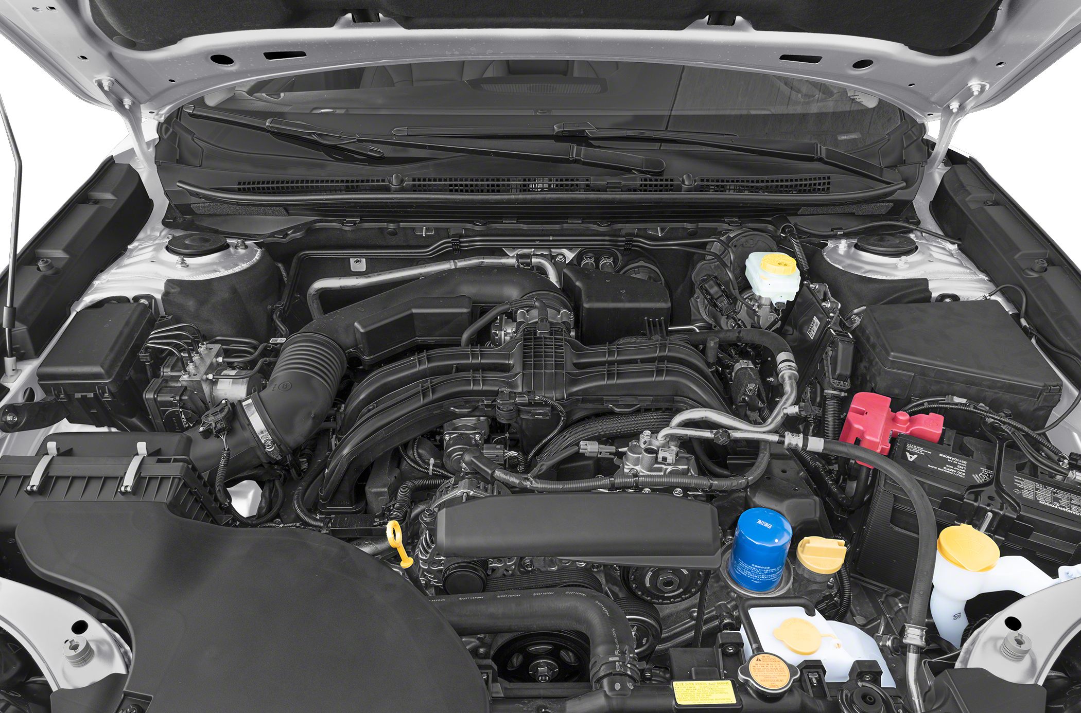 Horizontally opposed Boxer engine and engine bay components.
