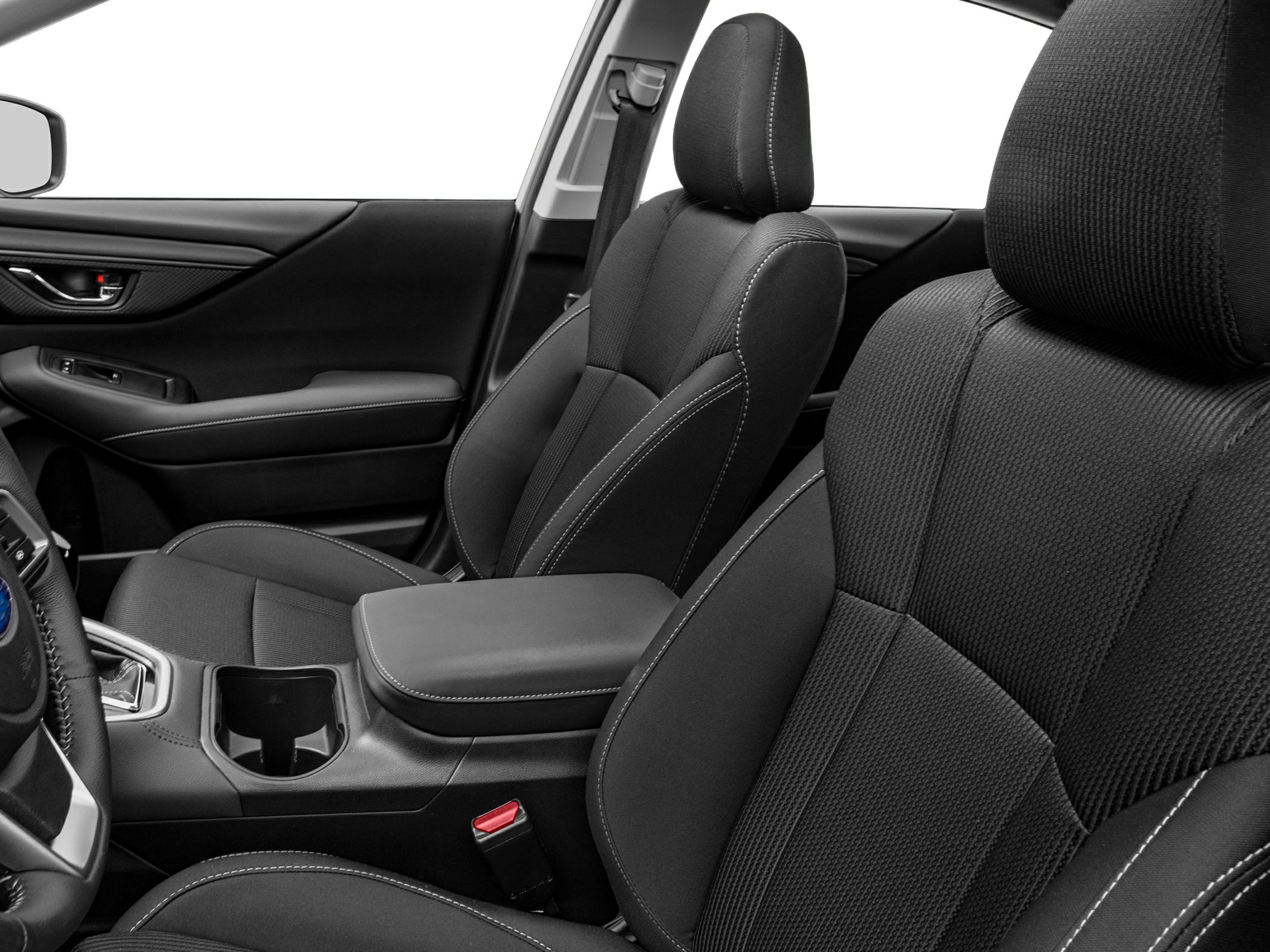 Front seats and center console with door panel details in black upholstery