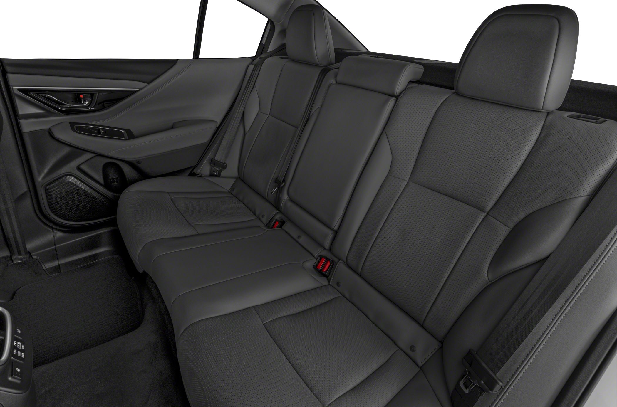 Rear seat interior with black leather upholstery and modern design