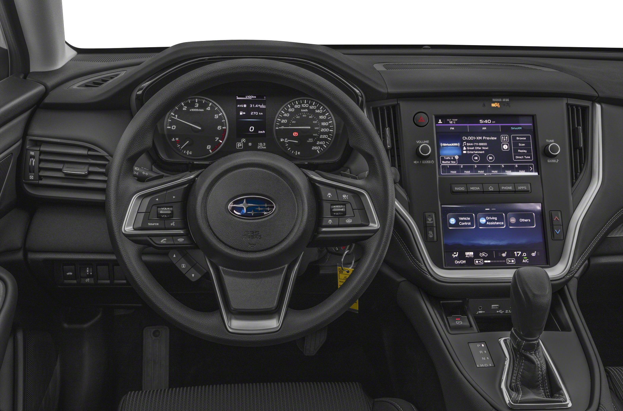 Steering wheel, digital instrument cluster, touchscreen infotainment system