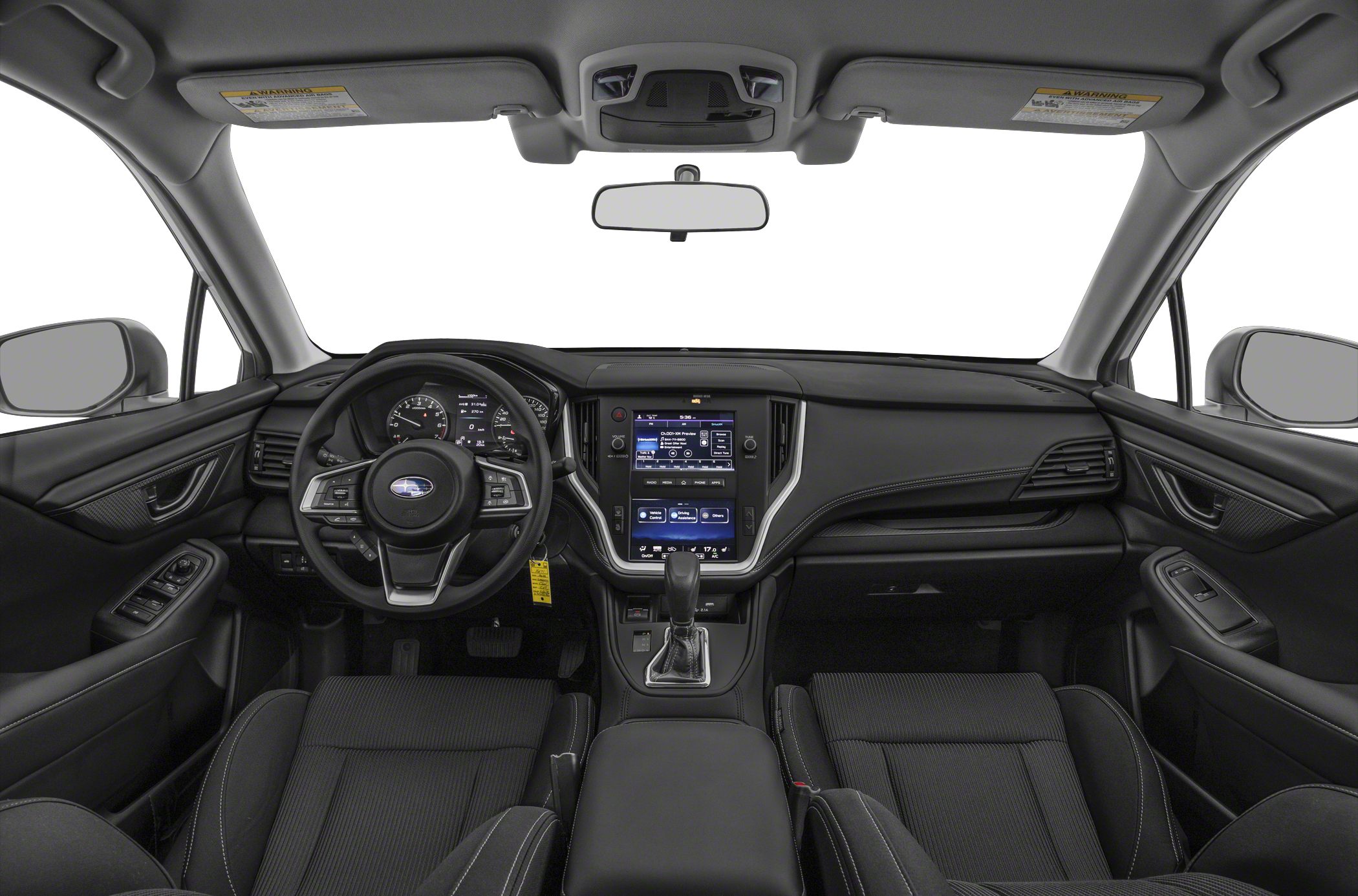 Dashboard, steering wheel, and infotainment system in modern car interior