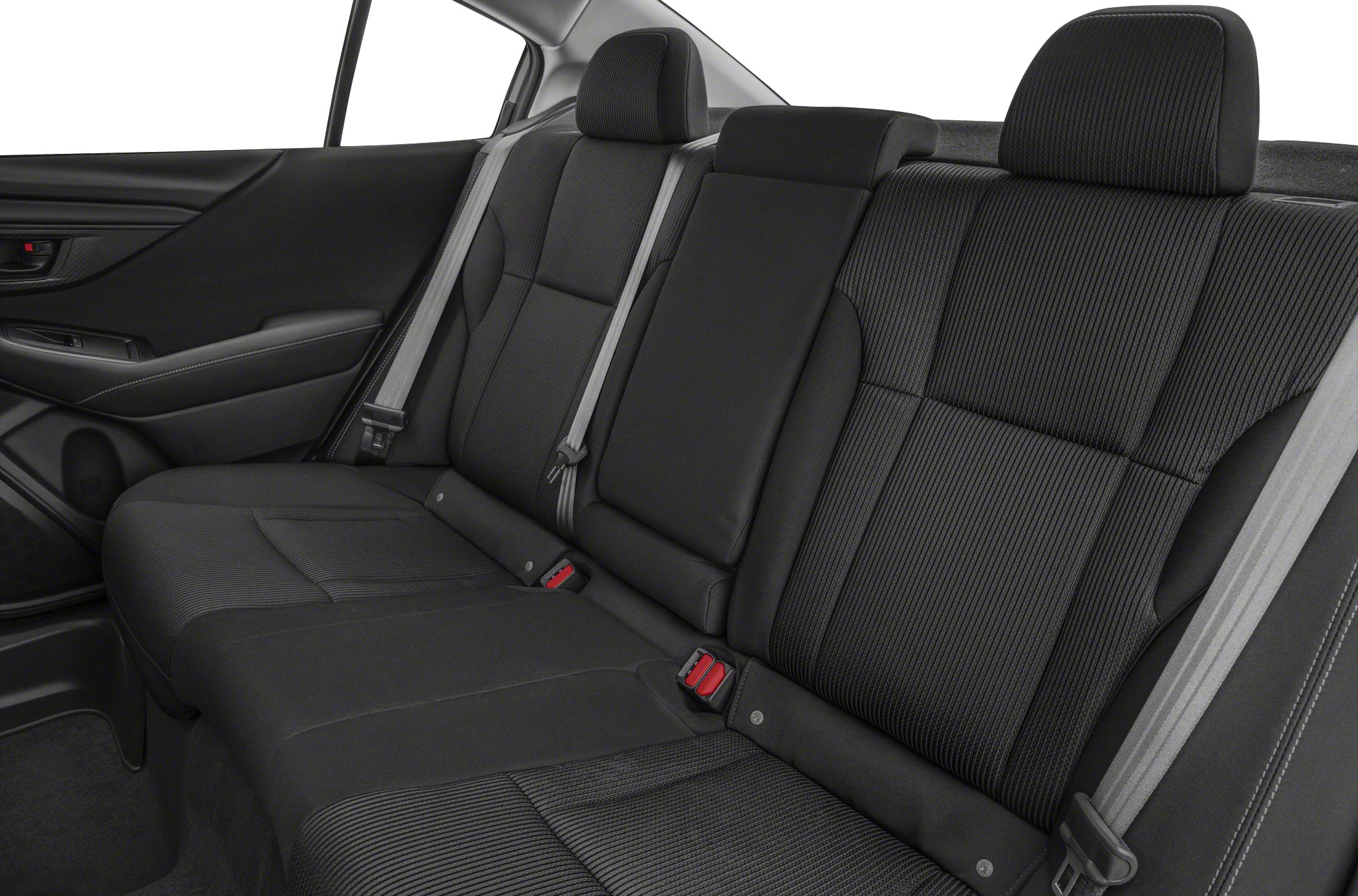 Rear seating with fabric upholstery and integrated seat belts