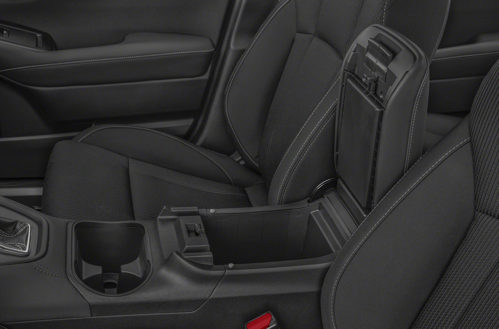 Center console storage compartment with fabric front seats and cup holder