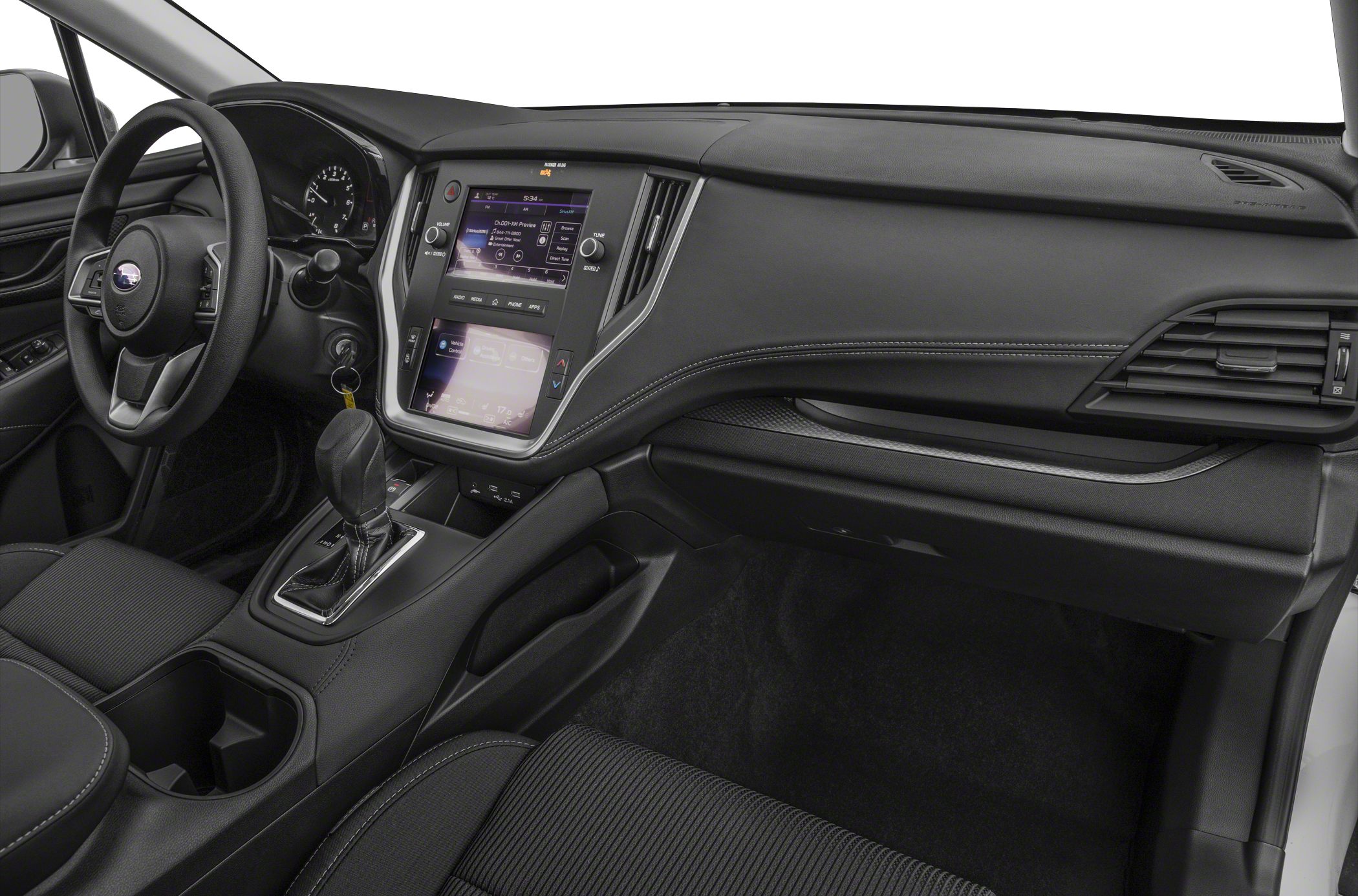 Dual touchscreen dashboard and modern car interior with automatic gear lever