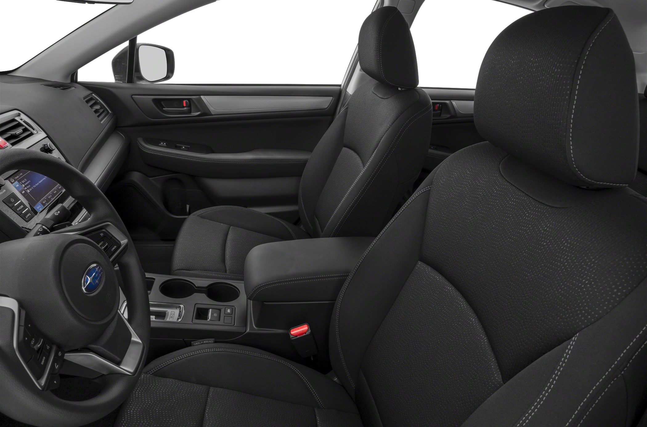 Black cloth upholstery with detailed stitching, modern dashboard and center console
