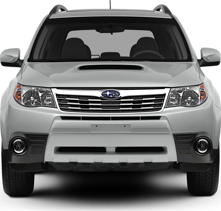Front view showing grille and hood scoop with fog lights and roof rails.