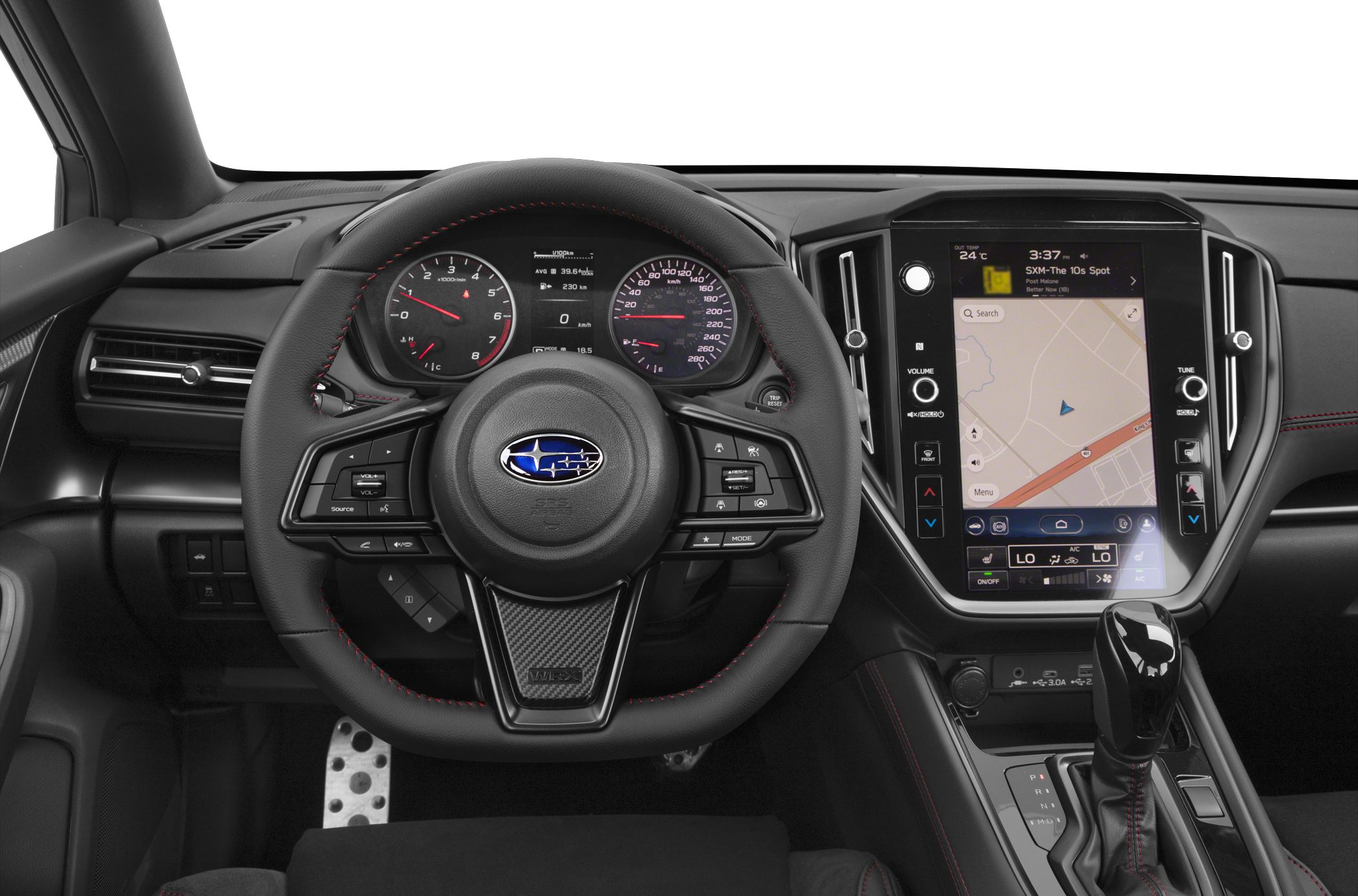 Leather-wrapped steering wheel with digital dashboard and large touchscreen infotainment