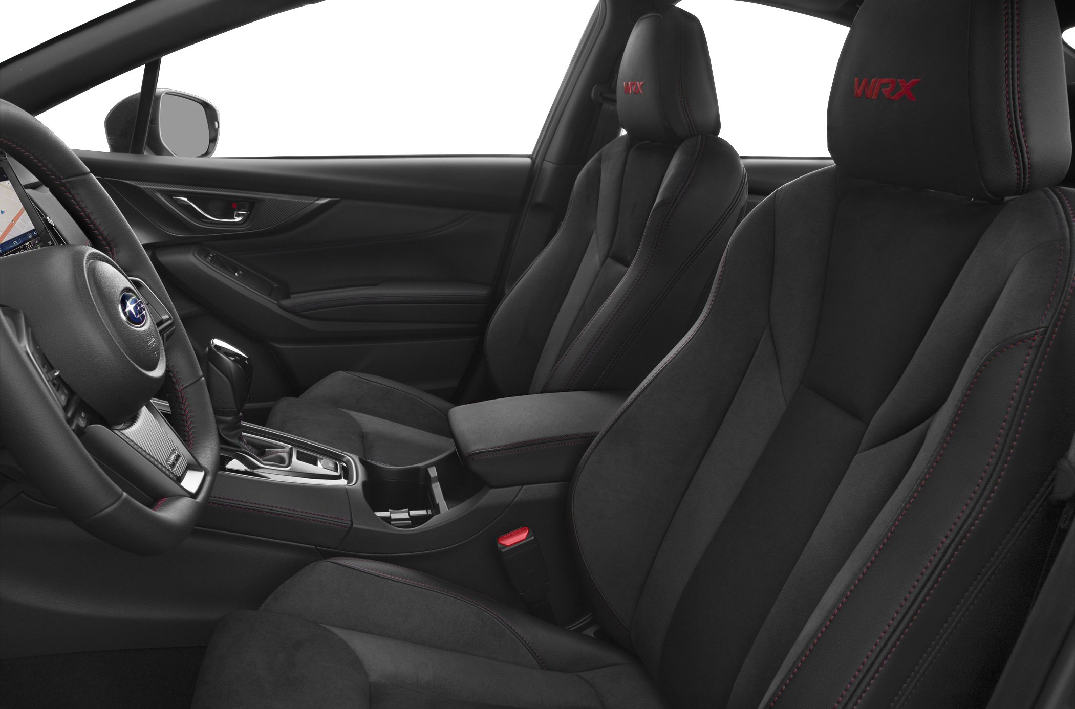 Black interior seats with red WRX logos and sporty red stitching