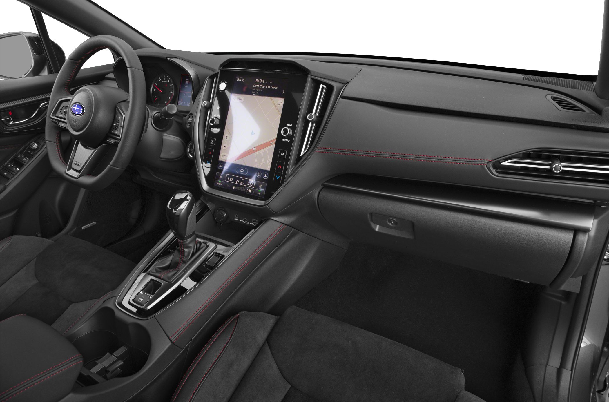Touchscreen infotainment and multifunction steering wheel with red stitching
