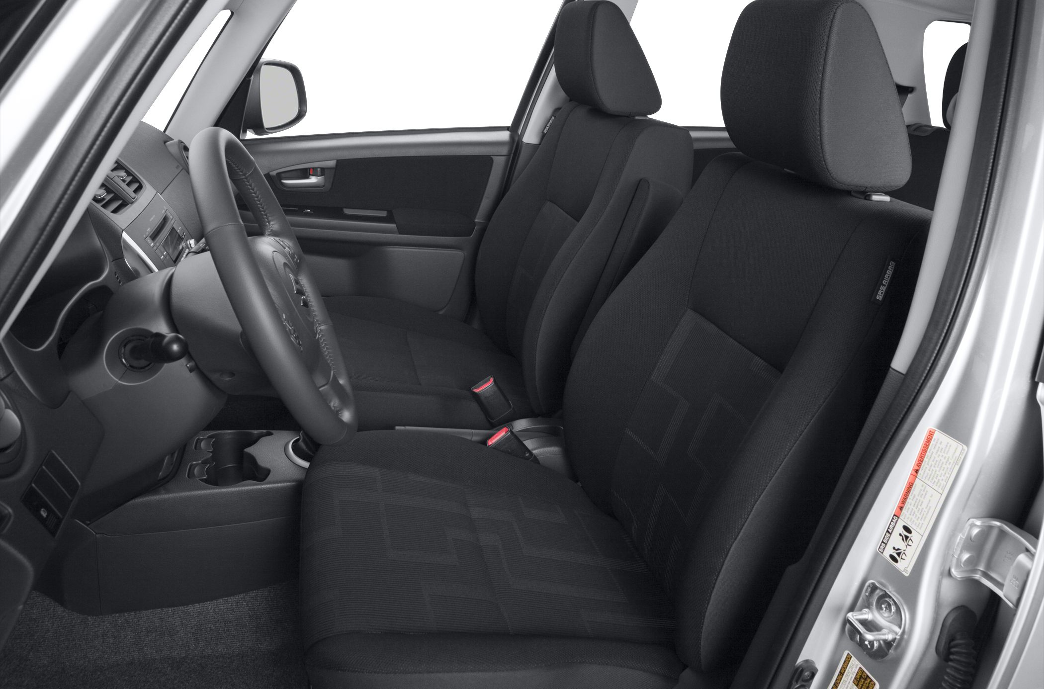 Front seats and steering wheel interior with fabric upholstery