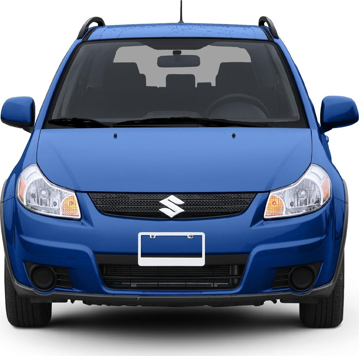 Front view of blue compact crossover SUV with roof rails