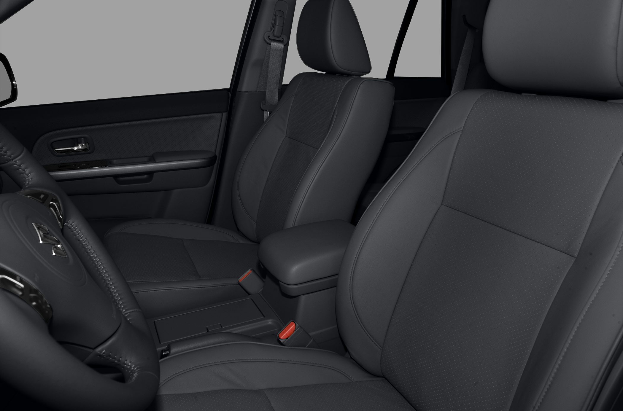 Black leather front seats and steering wheel with stitching