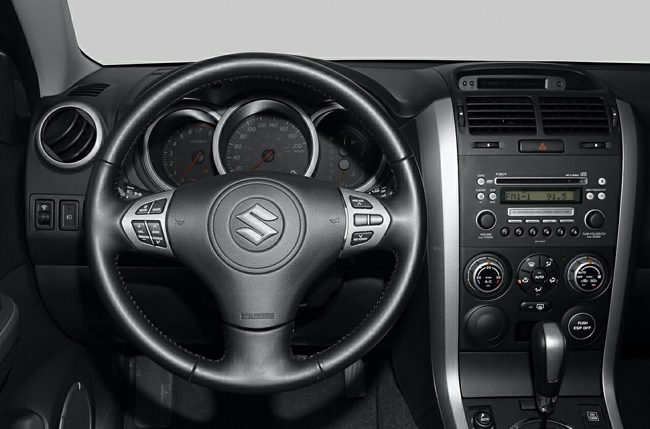 Car steering wheel, dashboard with instrument cluster and control buttons