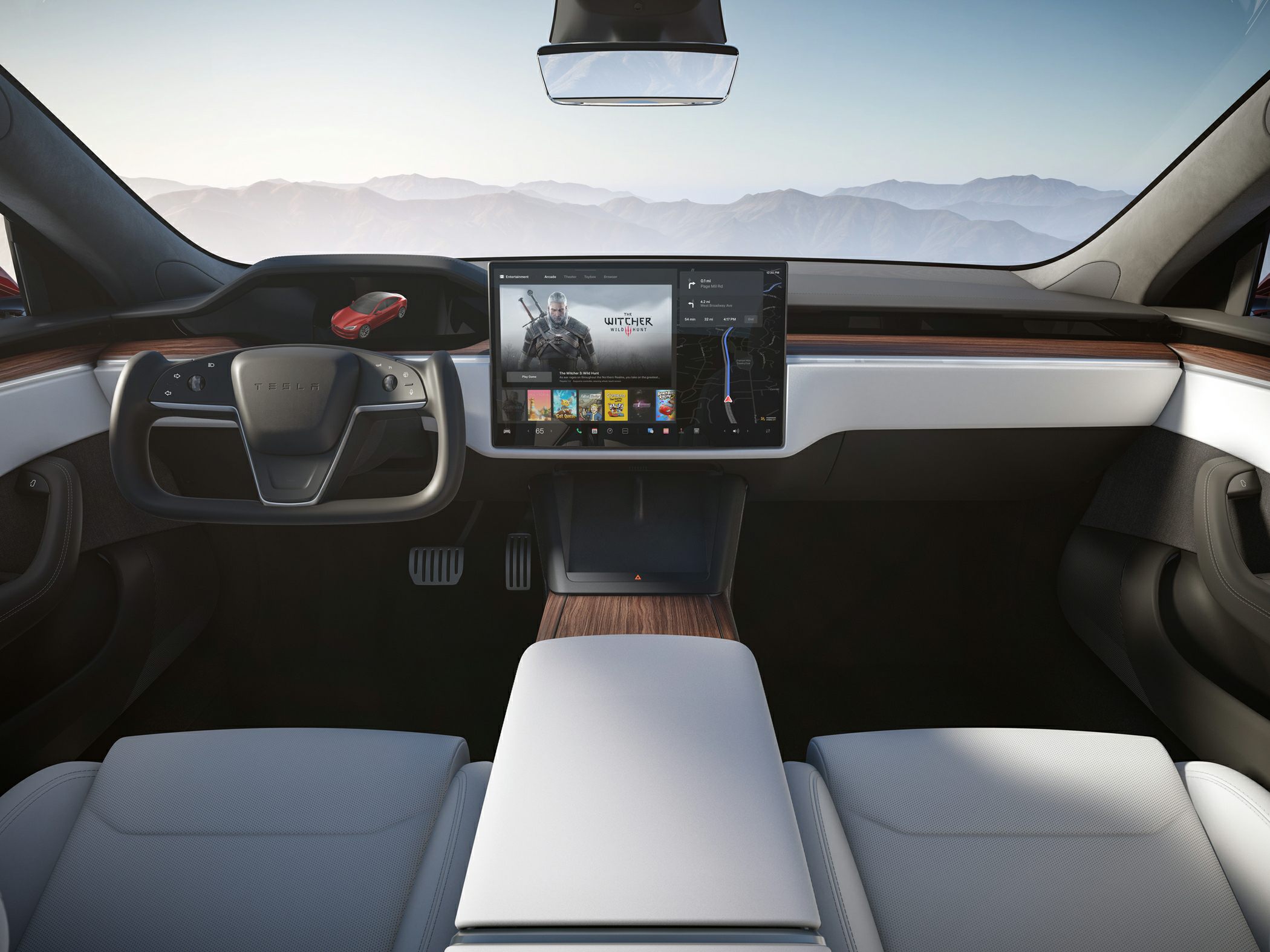 Yoke steering wheel, large central touchscreen, minimalist dashboard