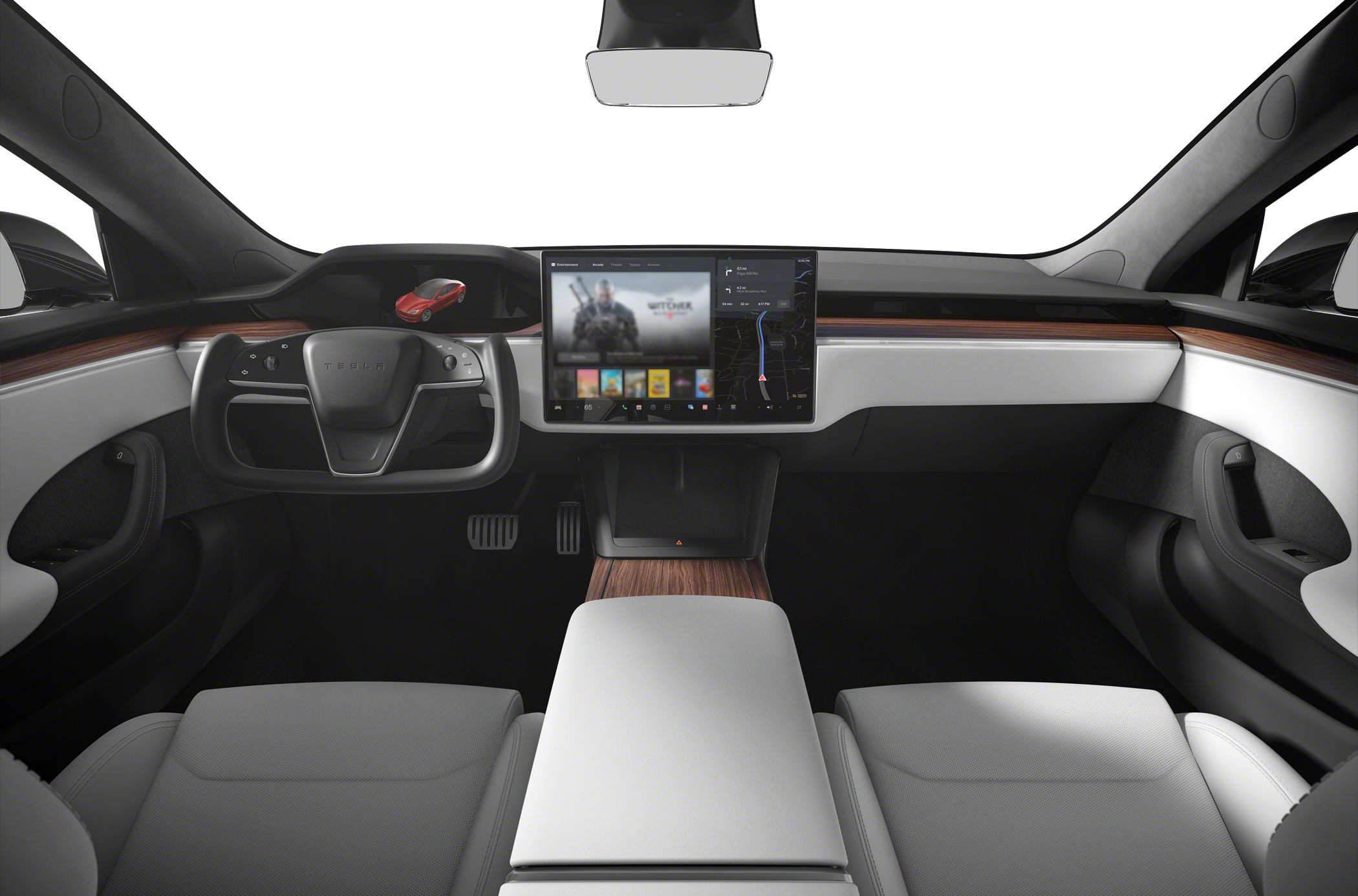 Futuristic yoke steering wheel and large touchscreen display in modern car interior