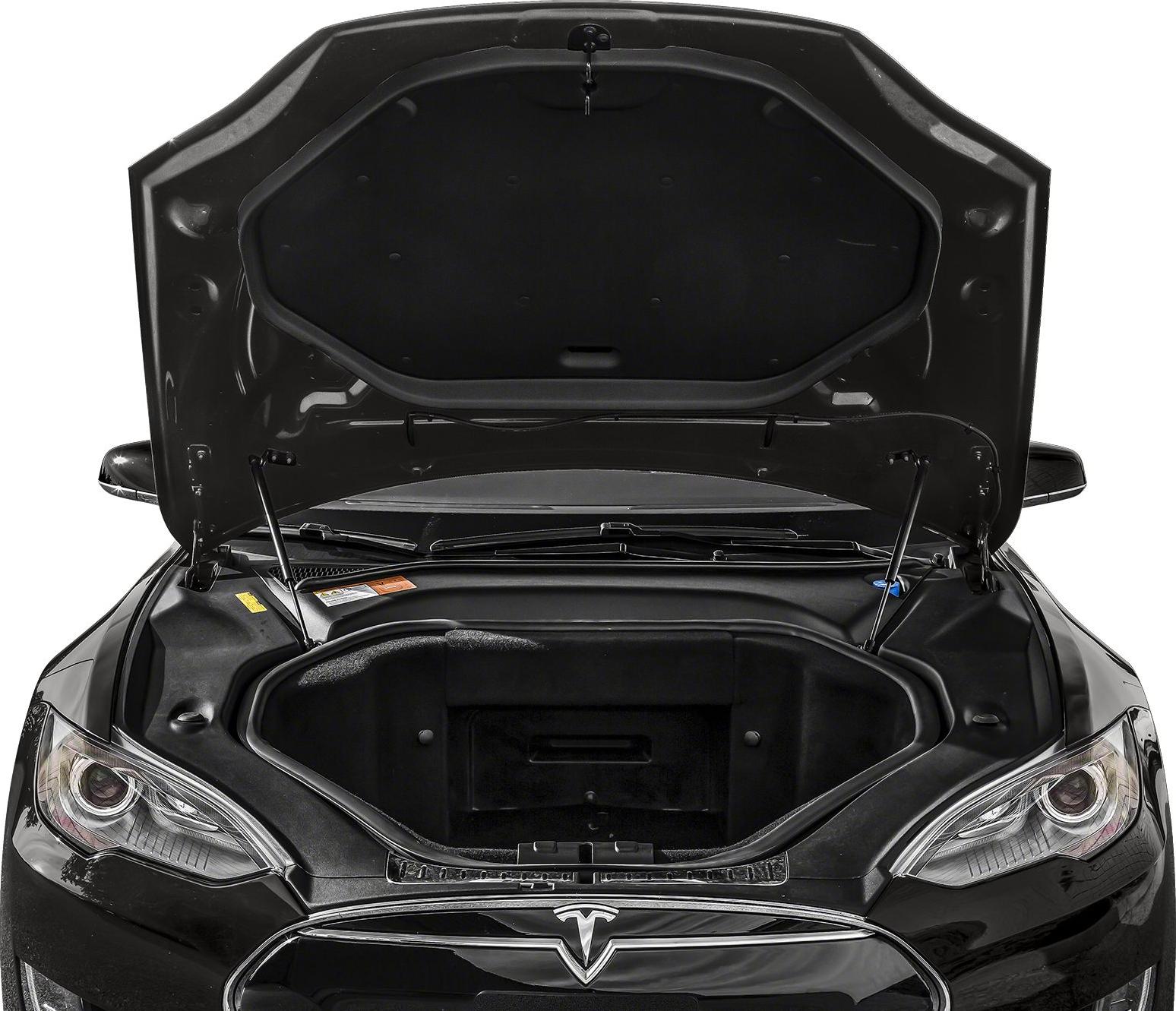 Open front trunk (frunk) storage compartment, hood raised