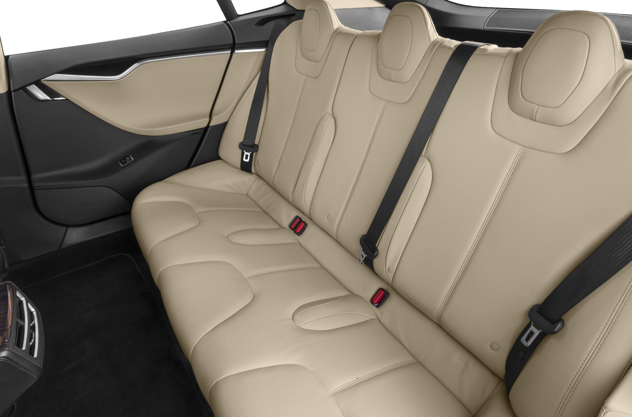 Beige leather rear seats with integrated headrests and seat belts